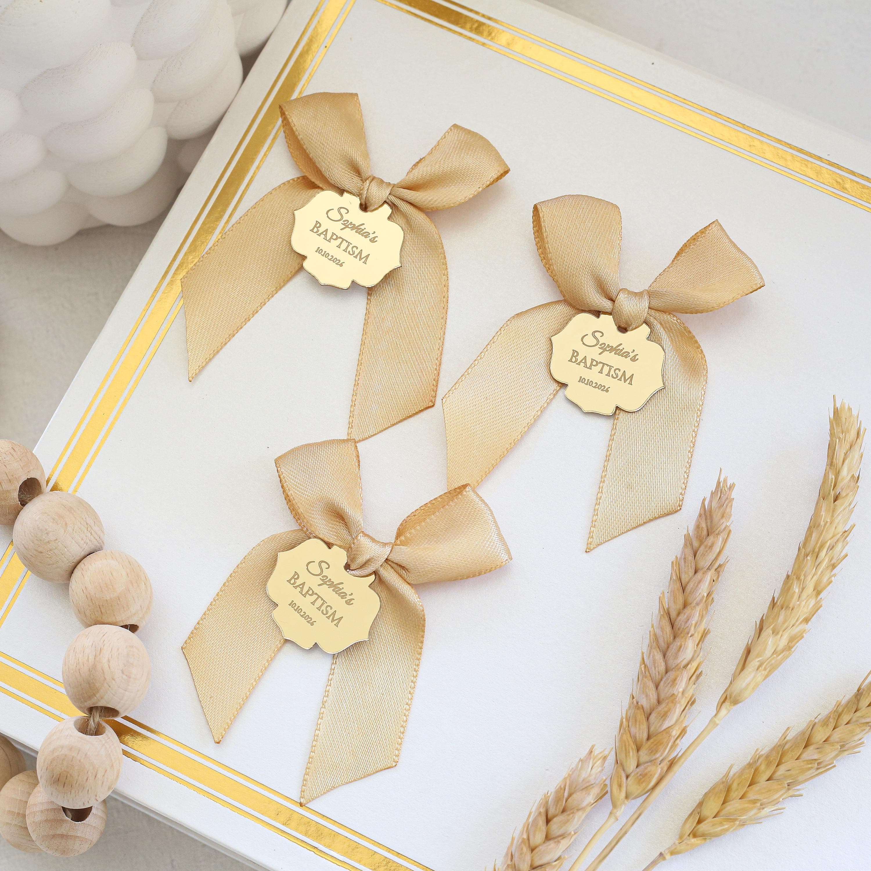 Personalized Gold Mirror Baptism Favor Tags with Ribbon