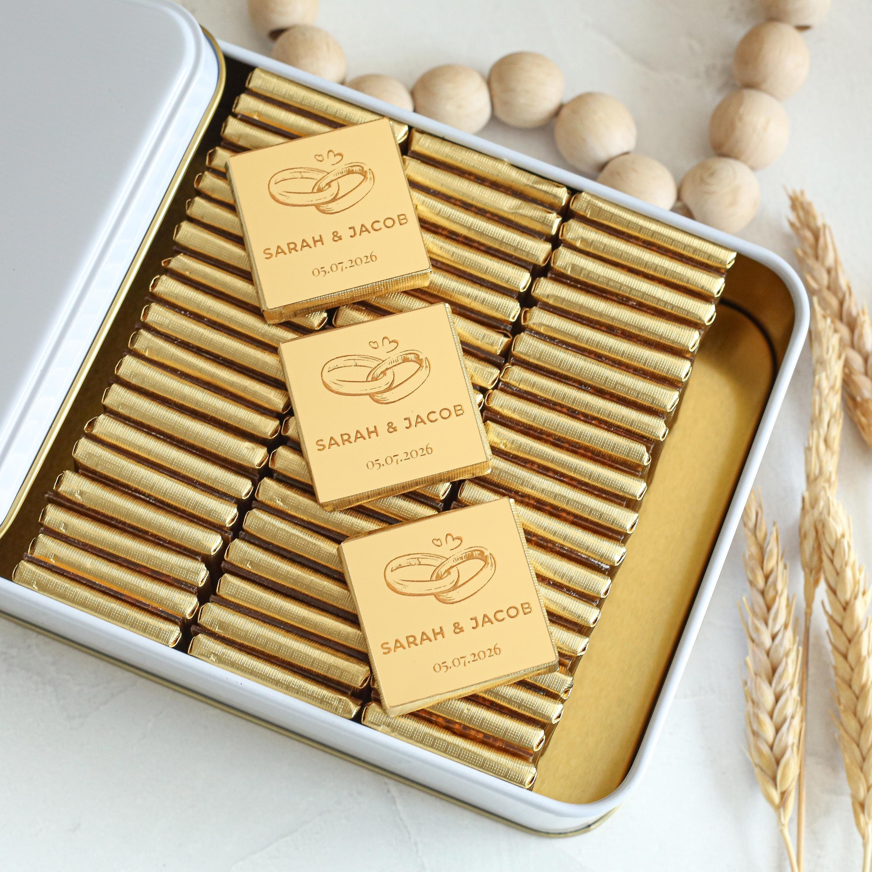 Wedding Personalized Gold Mirror Chocolate, Engagement Plexiglass Chocolate Gift, Custom Wedding Bulk Chocolate Favors, Birthday - image 3