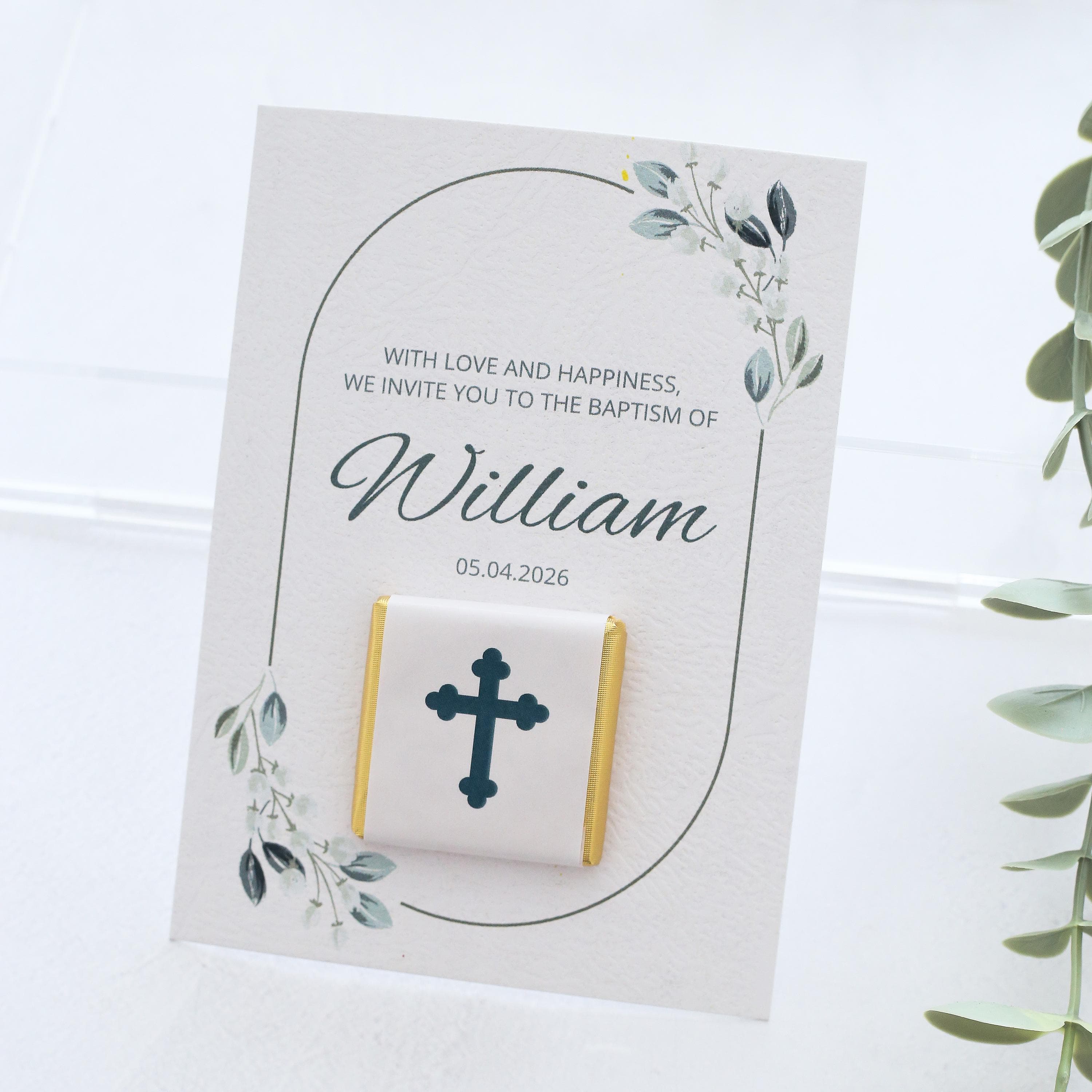 Baptism Favor: Personalized Chocolate with Thank You Card, Baptism Gift for Your Guests, Baby Baptism Gifts, Baptism Invitations