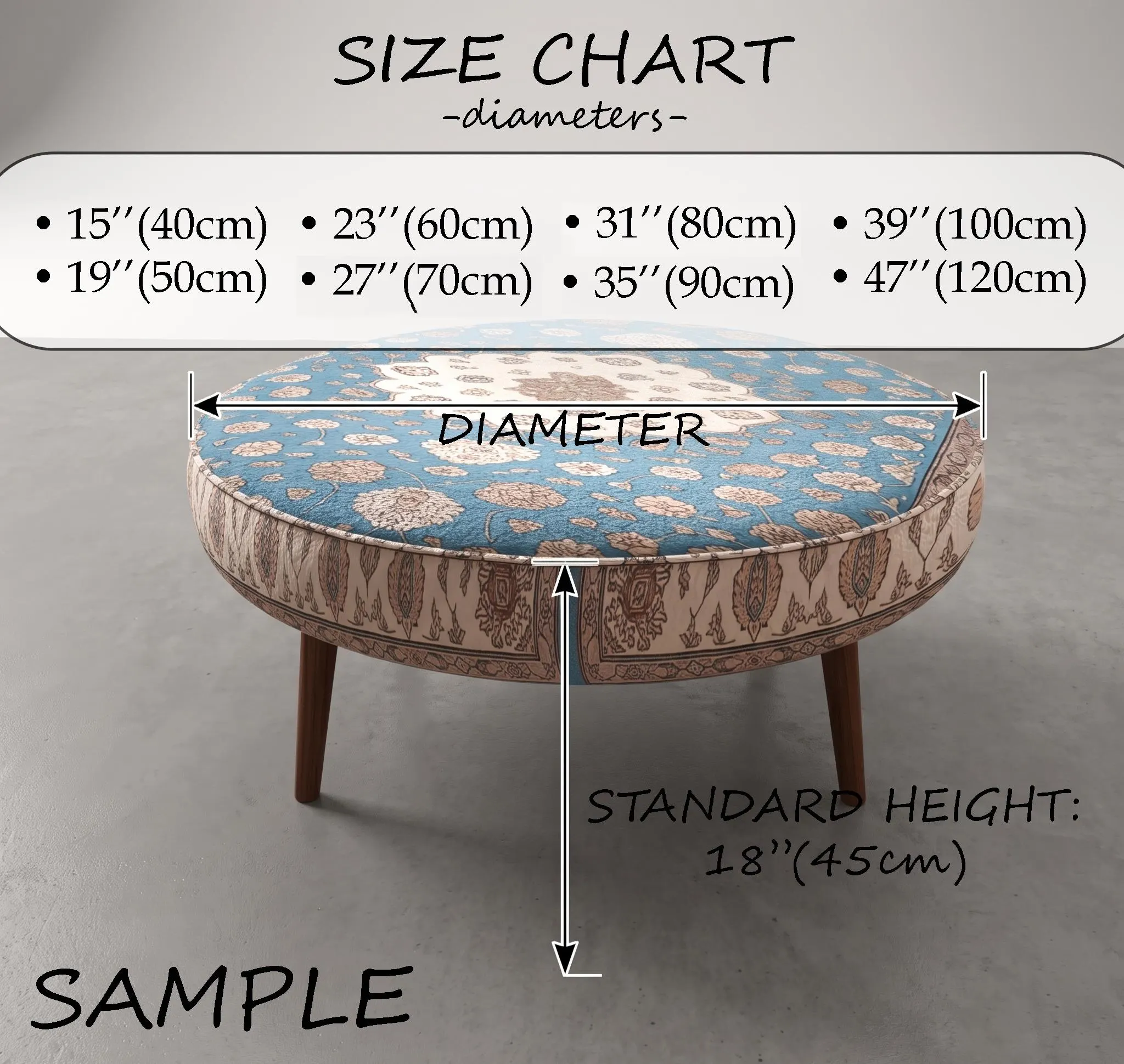 a round ottoman with a patterned design, along with measurements and a size chart indicating the dimensions of the ottoman in centimeters.