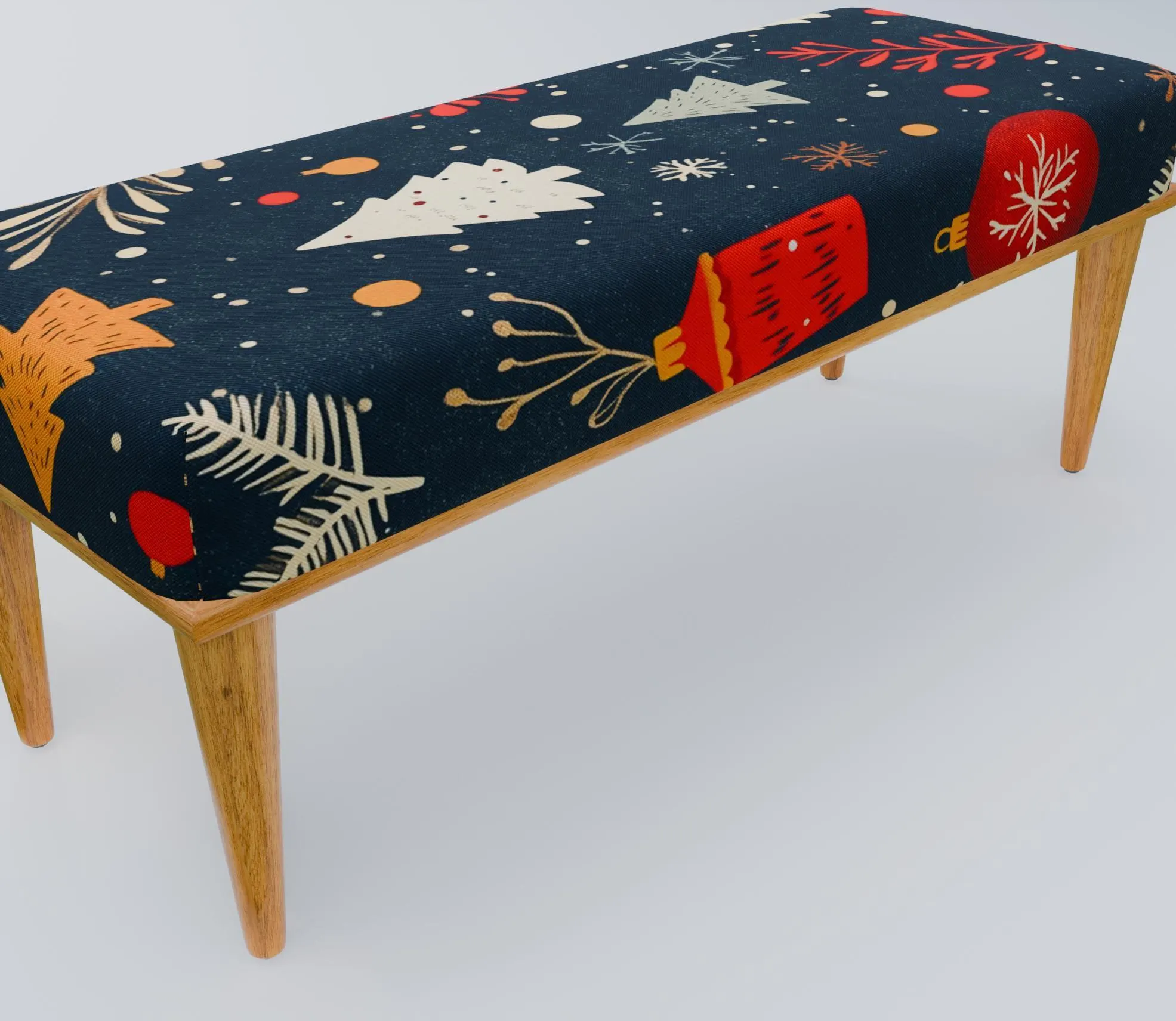 New year bench, Winter theme bench, Ornament print bench, Glamory bench, Ottoman bench table, French table, Fireside seating, RB bench 1098