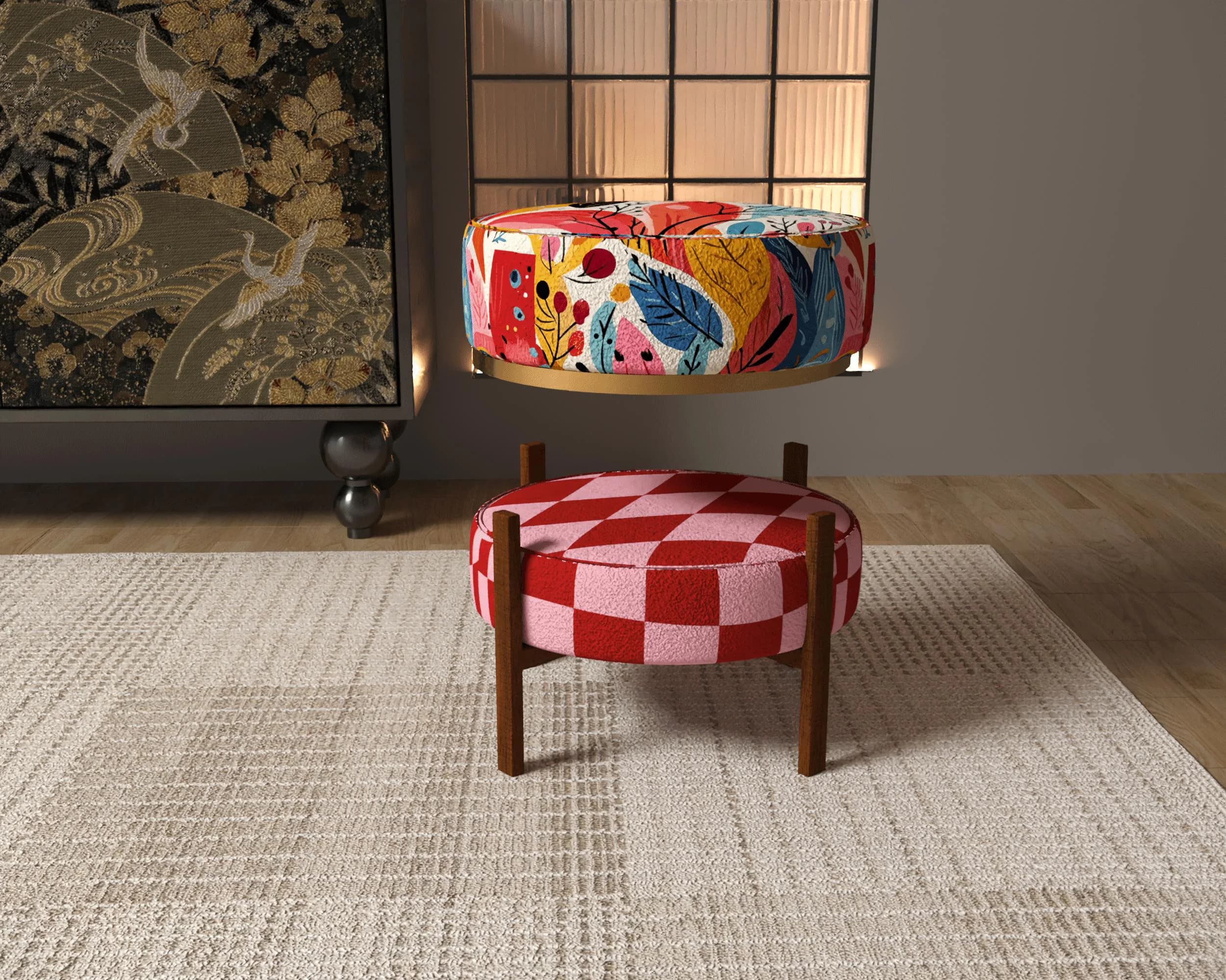 a colorful ottoman with a checkered pattern, placed on a beige rug in a room with a large window and a painting on the wall.