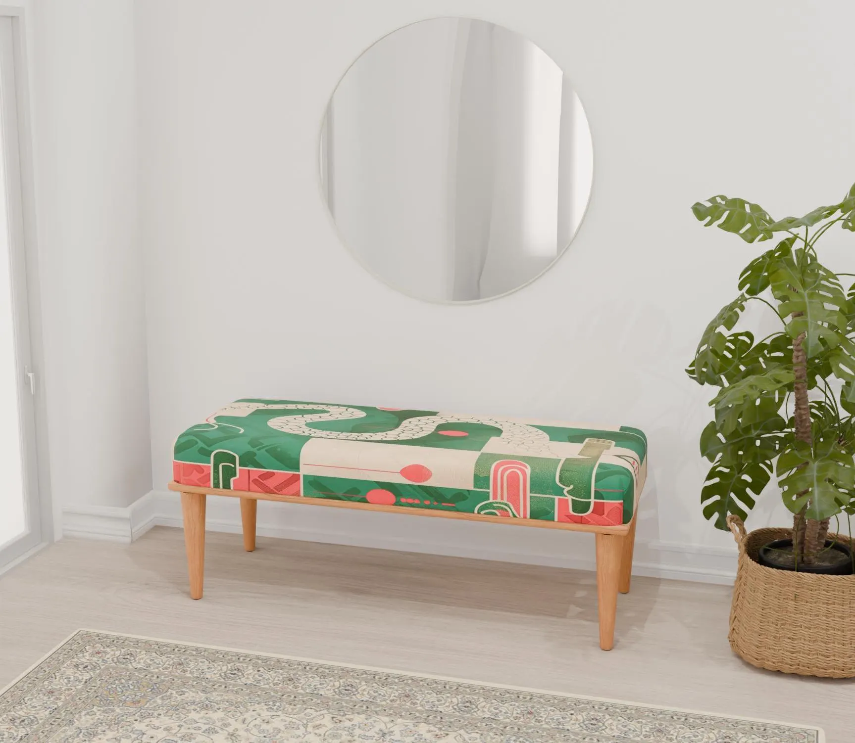 Snake motif bench, Country bench, Farmhouse furniture, Ottoman tea table, Wooden bench, Kitchen chair, Entryway organizer, RB bench 1172