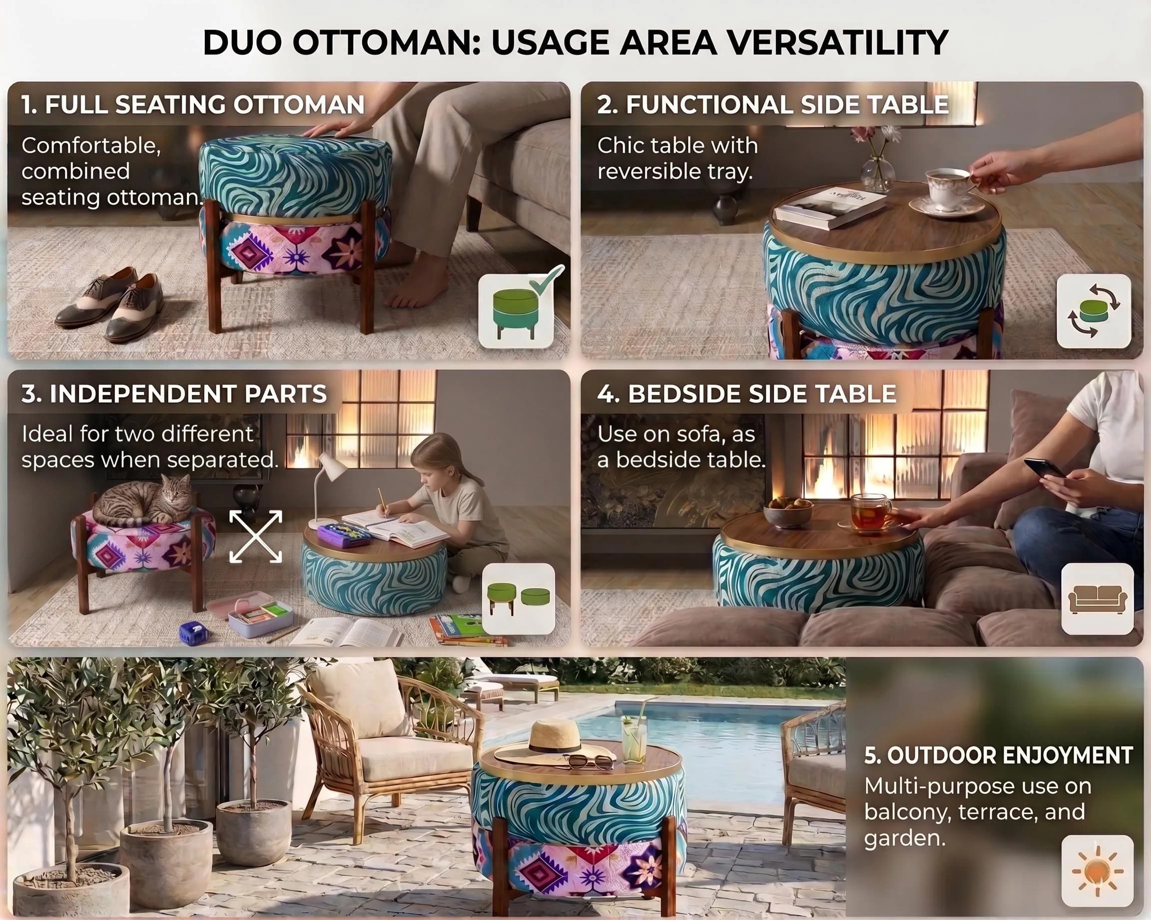 The image is a collage of five photos showcasing the versatility of a furniture piece called the "Duo Ottoman". The photos depict the furniture piece in various settings, including a full seating Ottoman, a functional side table, an independent parts table, a side table, and an outdoor table. The furniture piece is designed to be used in different spaces, such as a living room, patio, and bedroom, and can be used for outdoor enjoyment, as well as for indoor use.