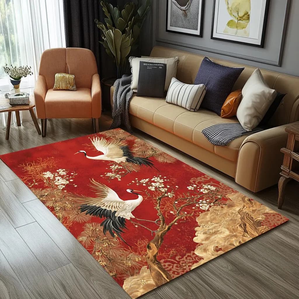 Red color rug, Rug with birds, Designer rug, Elegant rug, Bedside rug, Saloon decoration, Washable rug, Small rug, Non slip rug, RB-1163