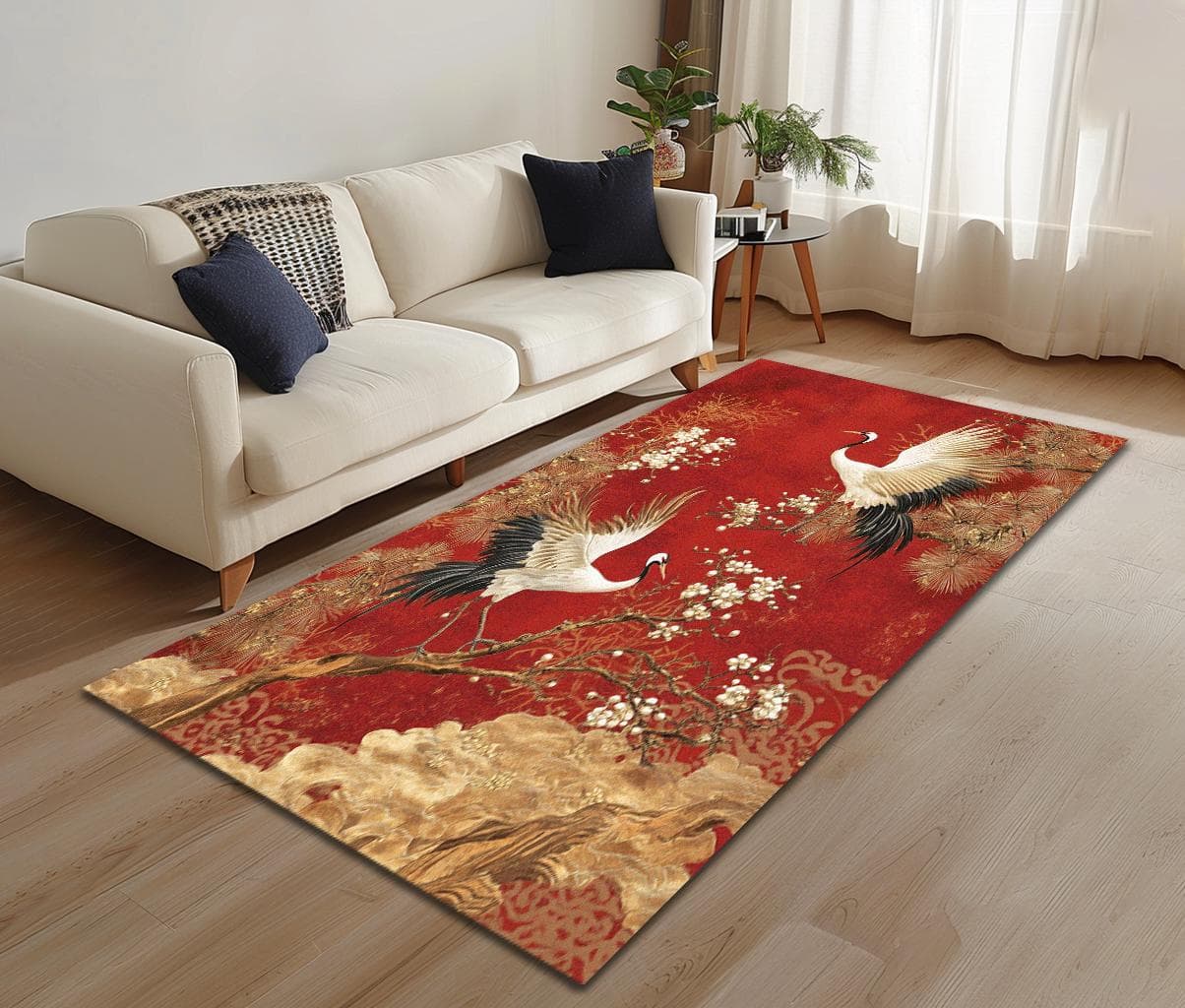 Red color rug, Rug with birds, Designer rug, Elegant rug, Bedside rug, Saloon decoration, Washable rug, Small rug, Non slip rug, RB-1163