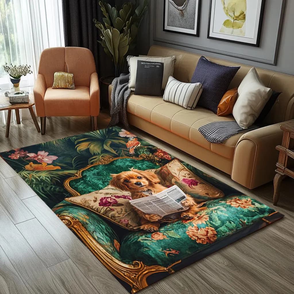 Vintage style rug, Puppy print rug, Floral rug, Hotel rug, Elegance for saloon, Modern rug, Vanity rug, Washable rug, Non slip rug, RB-1168
