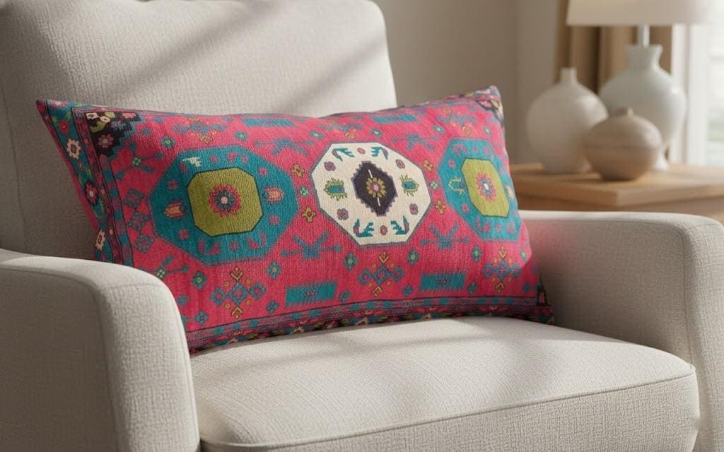 Fuchsia and Teal Turkish Kilim Pattern Pillow Cover, Double Sided Fabric Case, RB-2246