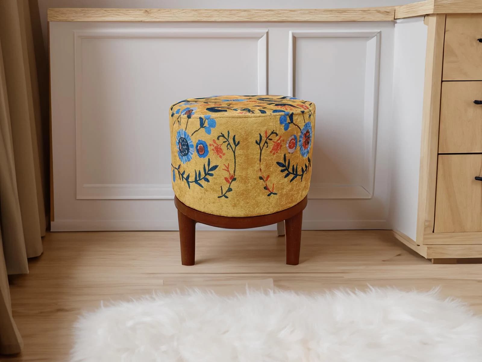 Yellow footrest, Flower motif pouf, Vintage style stool, Bedroom pouf, Housewarming seating, Primitive round chair, Long lasting stool