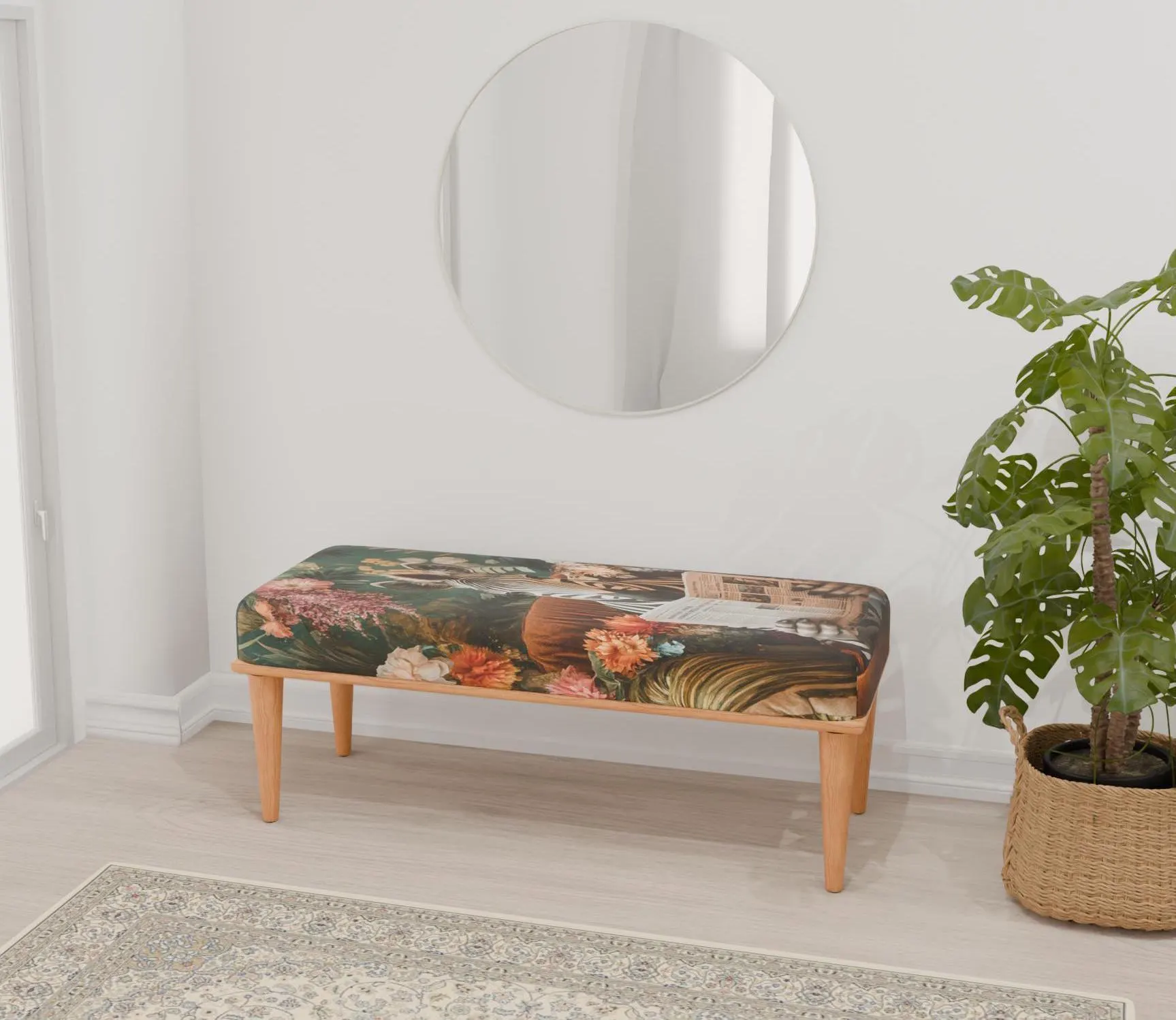 Zebra design bench, Botanical bench, Ottoman shower stand, Accent piece, Lounge bench, Bench with cushion, Cool mid table, RB bench 1170