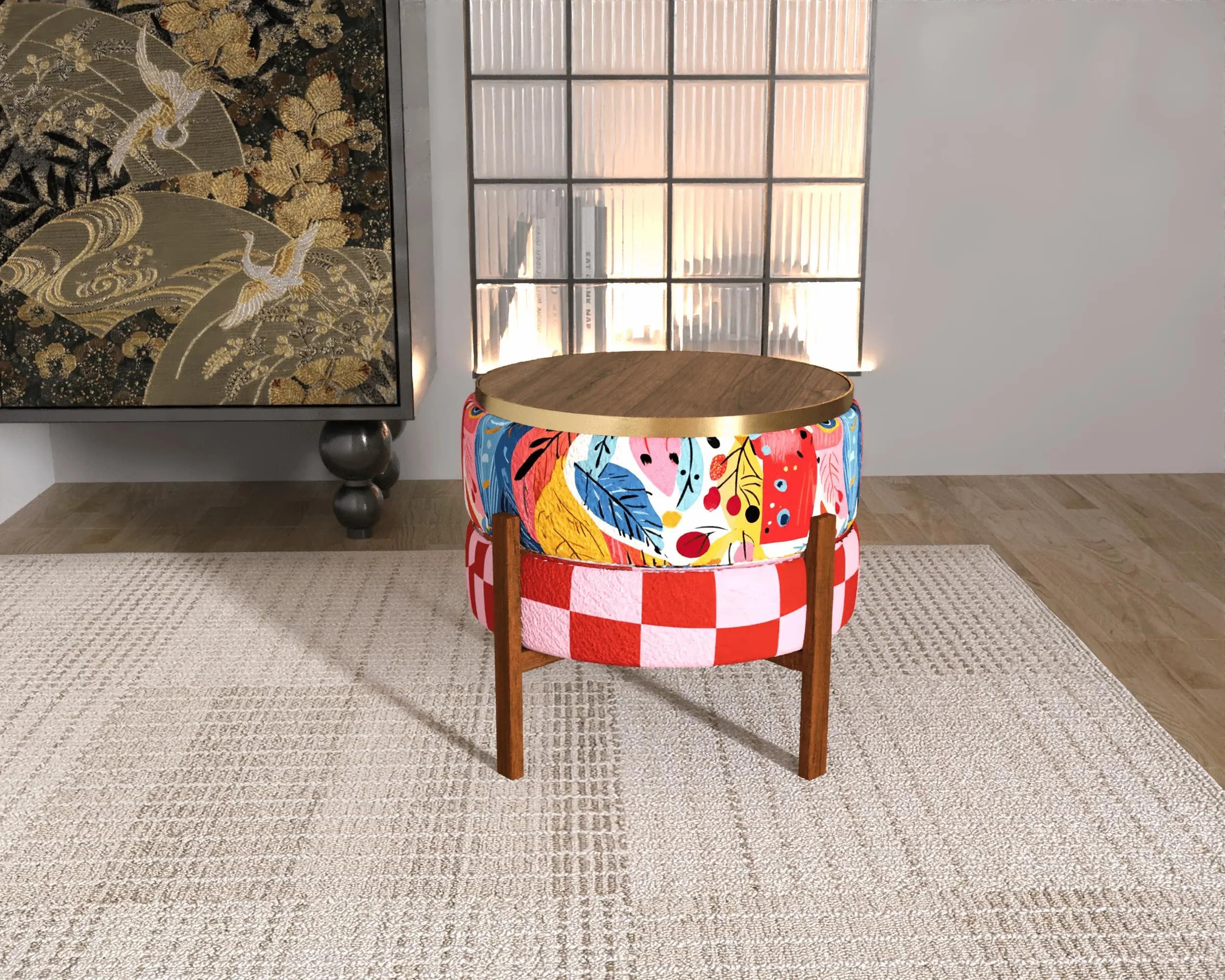 Vibrant Floral Reversible Pouf | Multipurpose Checkered Wood Side Table RB 01/2145