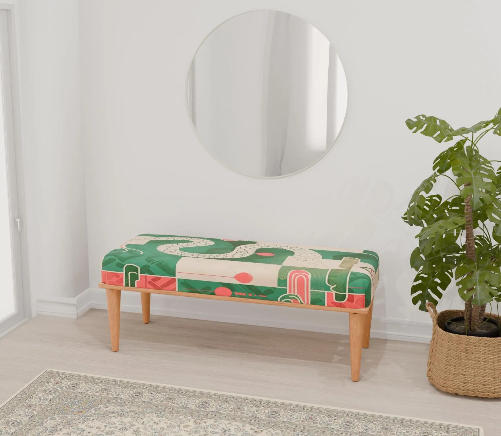 Snake motif bench, Country bench, Farmhouse furniture, Ottoman tea table, Wooden bench, Kitchen chair, Entryway organizer, RB bench 1172