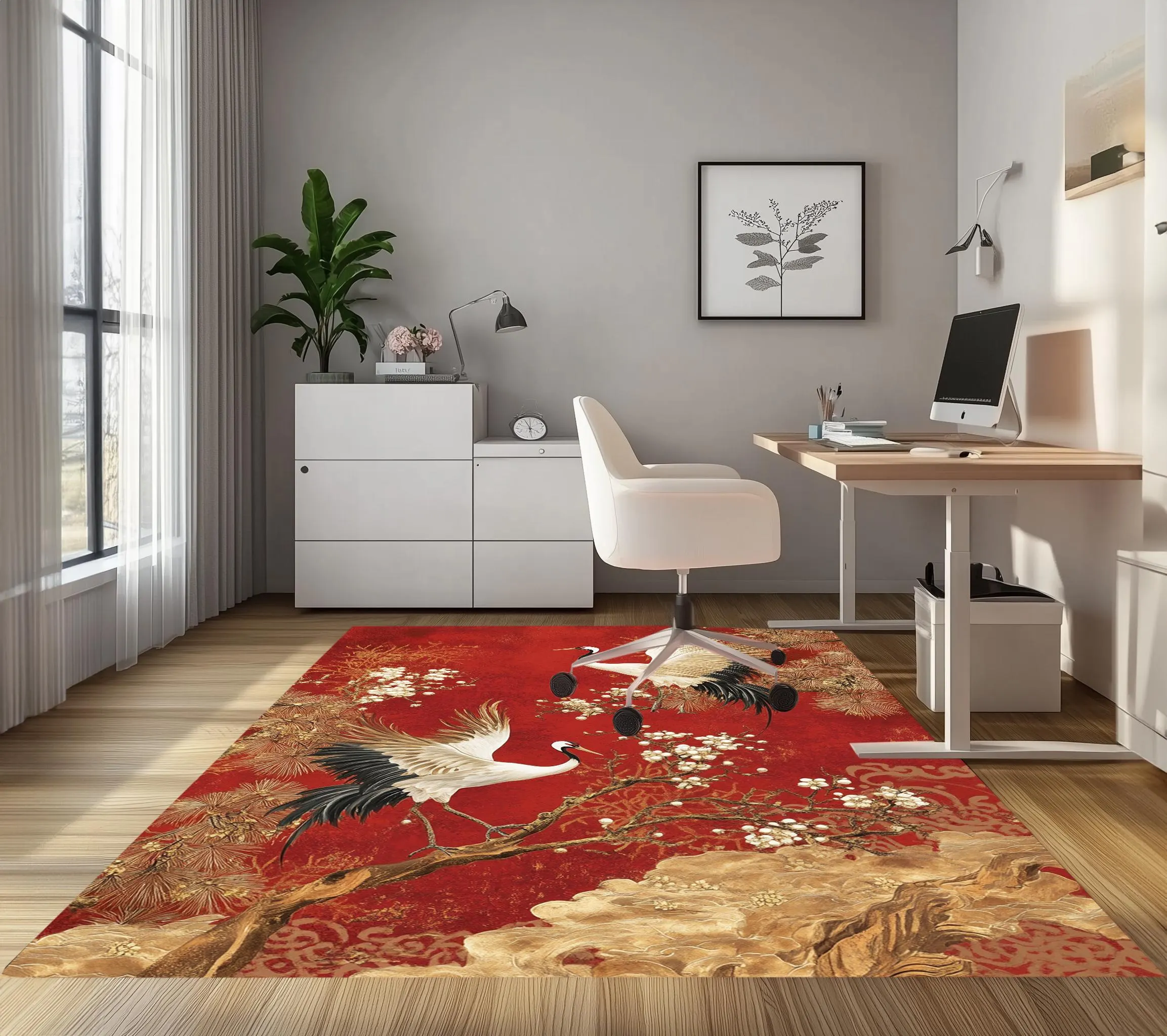 Red color rug, Rug with birds, Designer rug, Elegant rug, Bedside rug, Saloon decoration, Washable rug, Small rug, Non slip rug, RB-1163