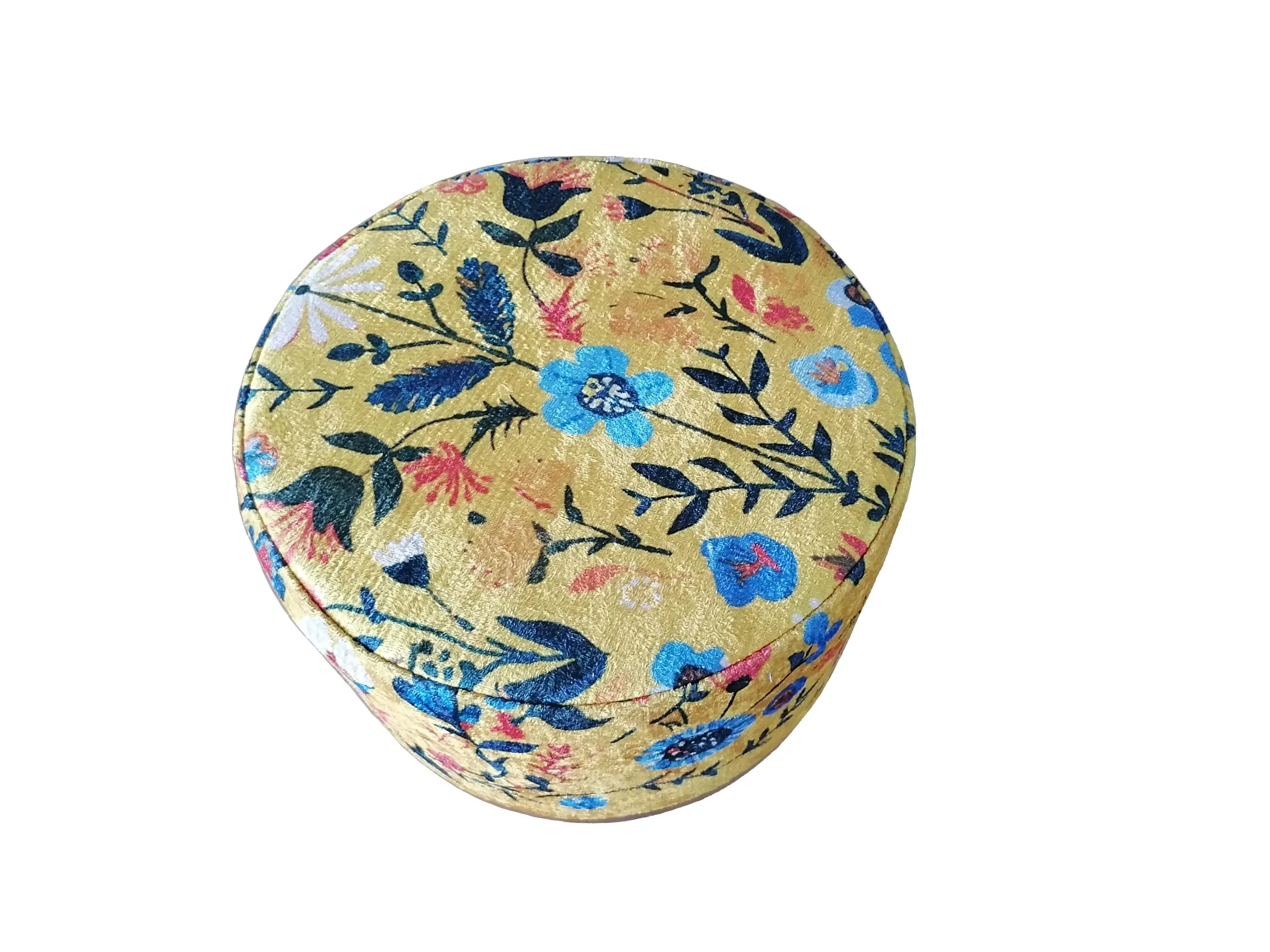 Yellow footrest, Flower motif pouf, Vintage style stool, Bedroom pouf, Housewarming seating, Primitive round chair, Long lasting stool