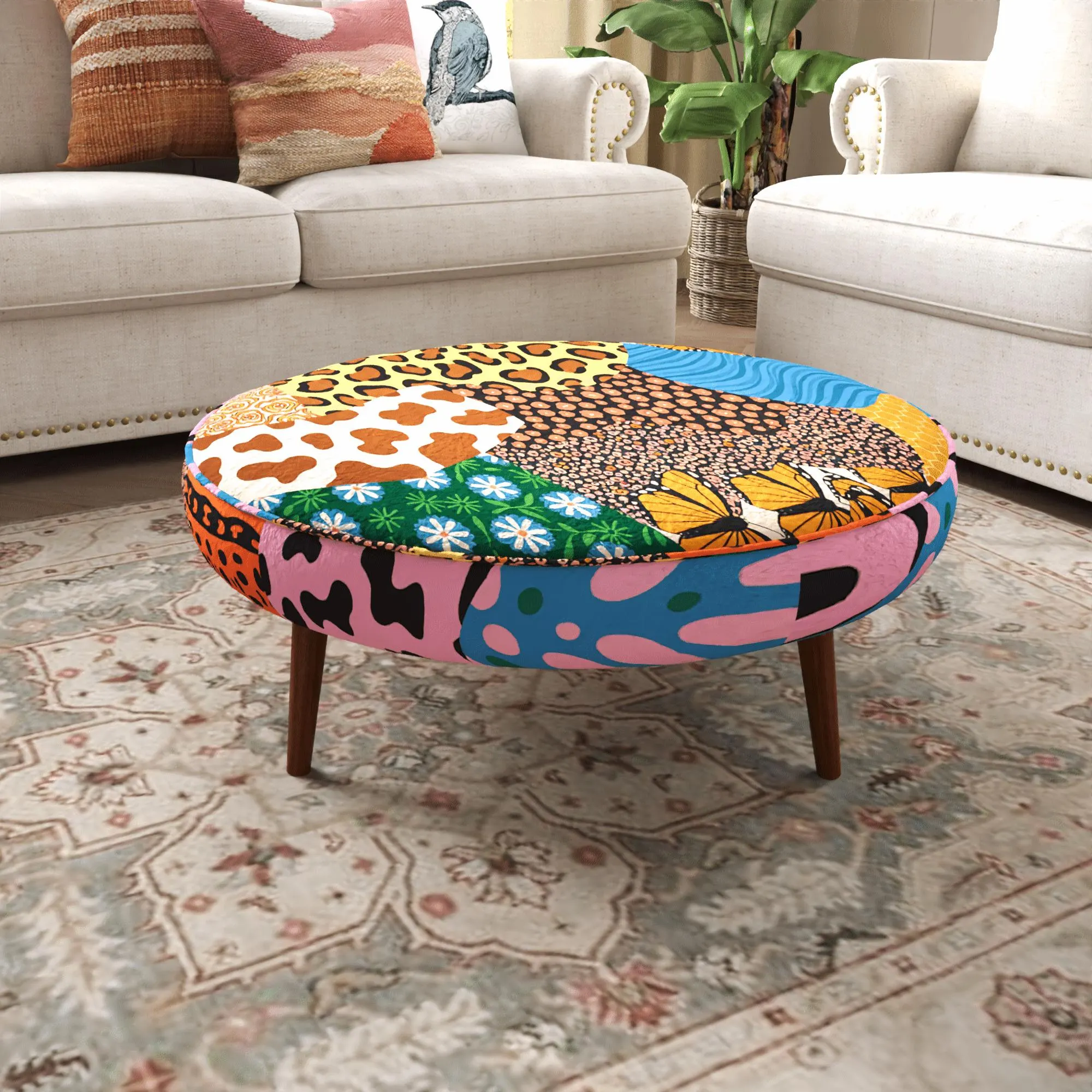 Multicolor Butterfly Coffee Table | Round Upholstered Mid Table | Eclectic Animal Pattern Living Room Accent