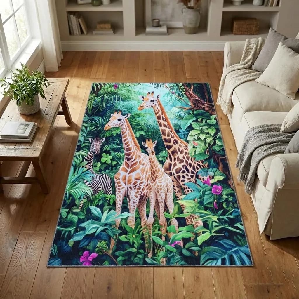 Jungle theme rug, Giraffe print rug, Greenery rug, Non slip back rug, No linting rug, Machine washable rug, Irregular rug, Thin rug, RB-916