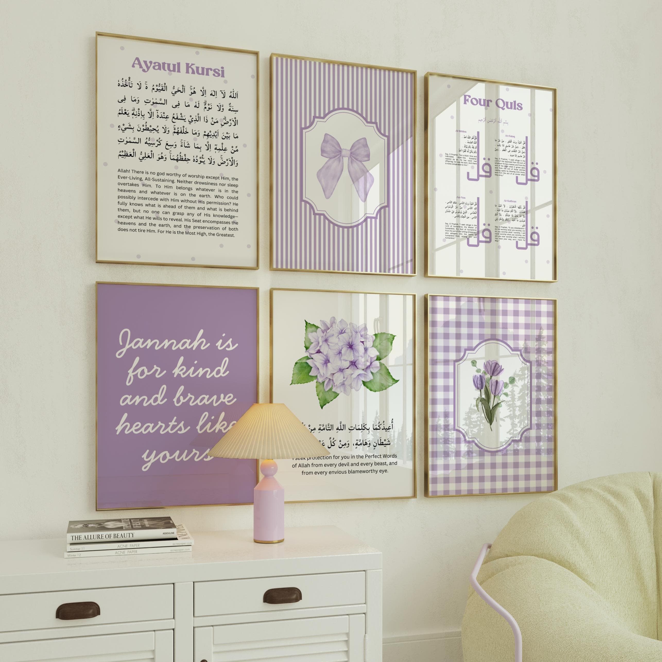 A set of 6 Islamic nursery wall art prints in a soft lilac and purple theme. The collection features "Ayatul Kursi," the "Four Quls," and a protective Dua with hydrangea floral illustrations. One central print reads "Jannah is for kind and brave hearts like yours." The designs include purple gingham patterns, stripes, a lavender bow, and watercolor flowers.