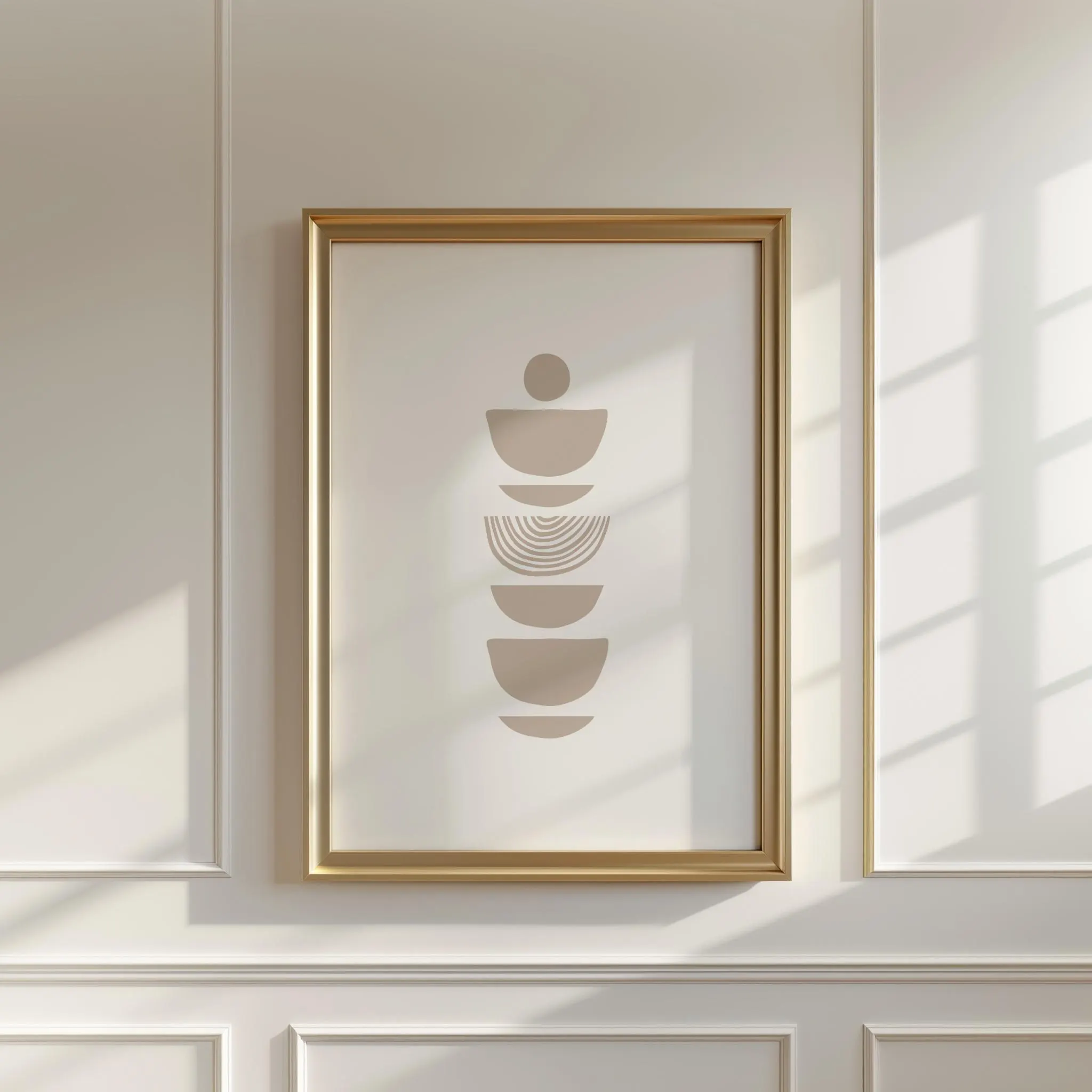A triptych of framed artworks: left features stacked geometric shapes in soft boho beige tone; center showcases ayatul kursi Arabic calligraphy in a teardrop on a beige color background; right mirrors the left with balanced abstract forms.