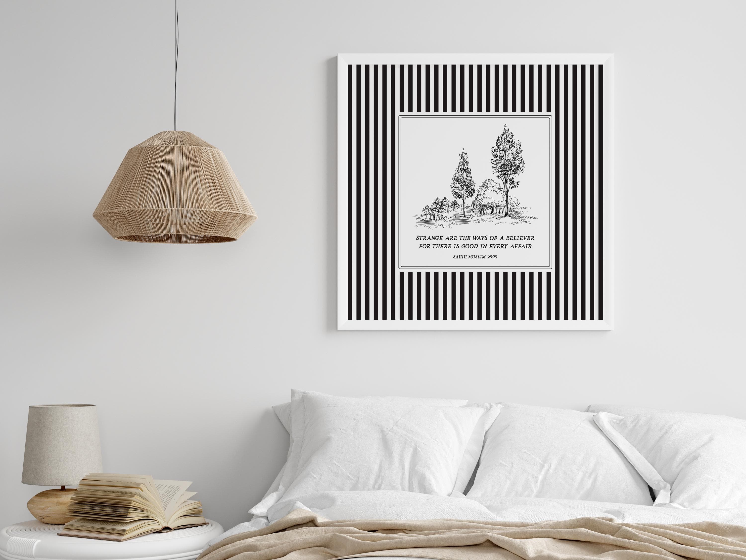 Minimalist hand-drawn sketch of tall trees in a serene landscape, centered within a bold black and white vertical striped border. The artwork features an inspirational Islamic quote from Sahih Muslim: "Strange are the ways of a believer for there is good in every affair." Elegant line art style with a modern monochrome palette, perfect for Islamic home decor, nursery wall art, or a thoughtful spiritual gift.