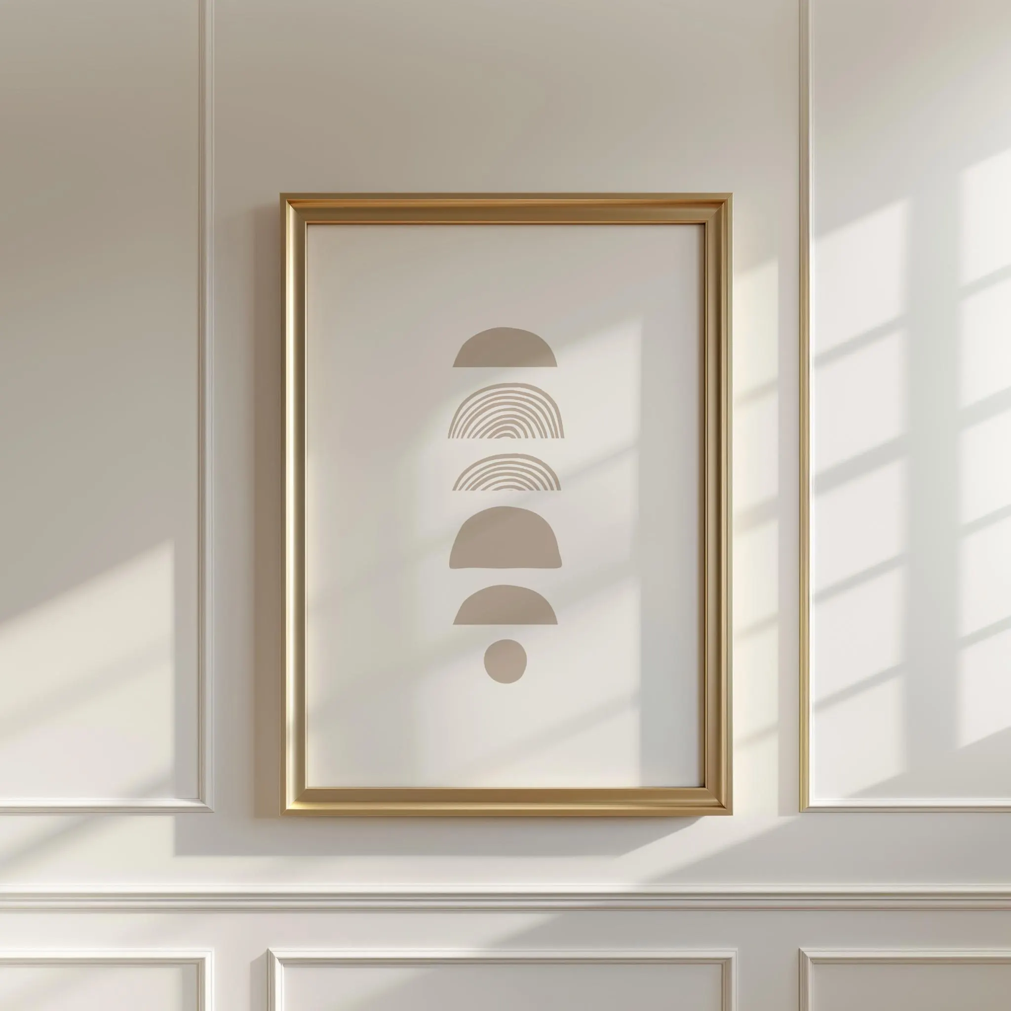A triptych of framed artworks: left features stacked geometric shapes in soft boho beige tone; center showcases ayatul kursi Arabic calligraphy in a teardrop on a beige color background; right mirrors the left with balanced abstract forms.
