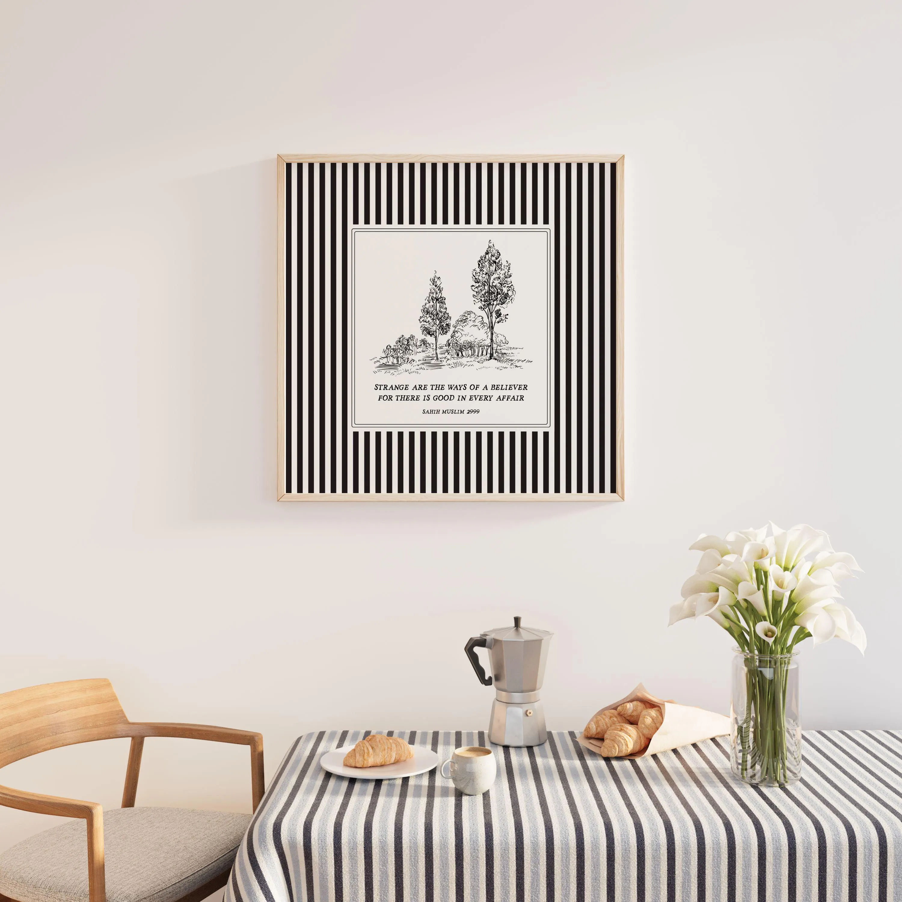 Minimalist hand-drawn sketch of tall trees in a serene landscape, centered within a bold black and white vertical striped border. The artwork features an inspirational Islamic quote from Sahih Muslim: "Strange are the ways of a believer for there is good in every affair." Elegant line art style with a modern monochrome palette, perfect for Islamic home decor, nursery wall art, or a thoughtful spiritual gift.
