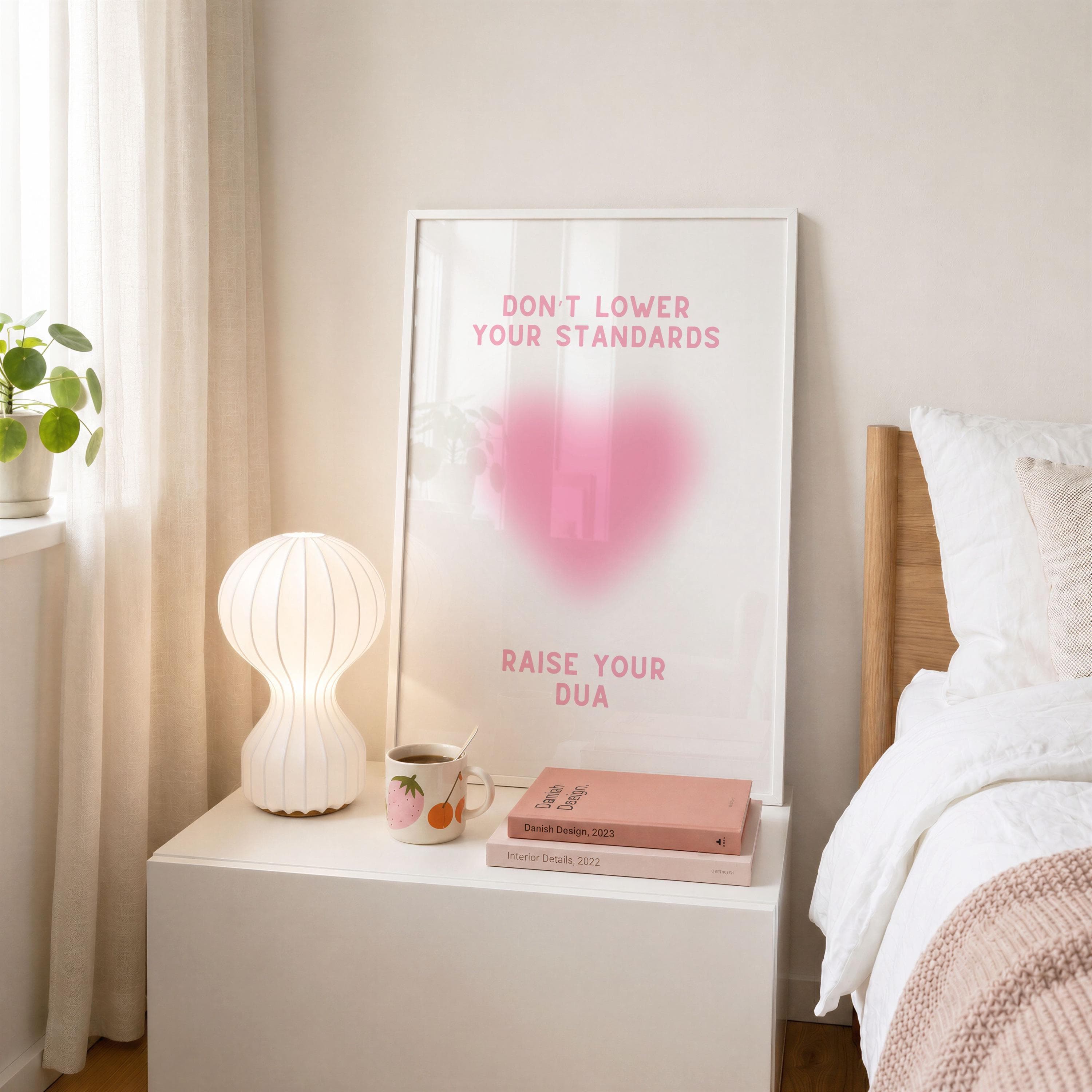 Framed islamic quote Don't lower your standards, raise your dua with pink heart design. An islamic art for modern islamic wall decor or as a ramadan gift