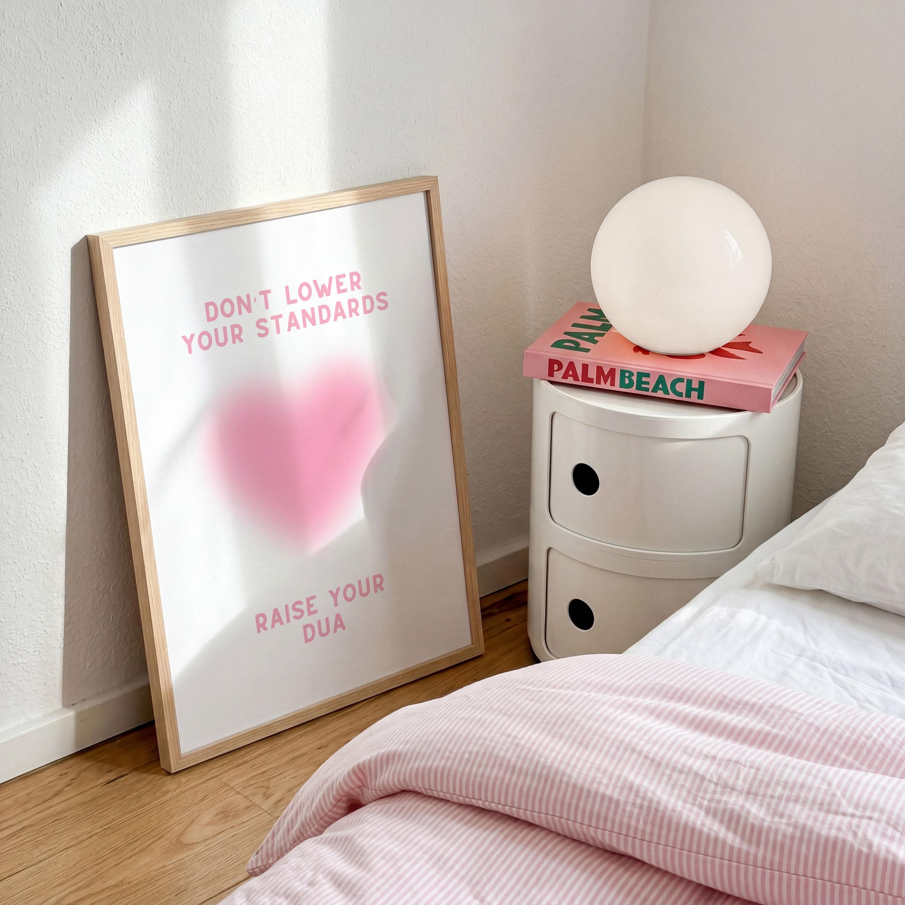 Framed islamic quote Don't lower your standards, raise your dua with pink heart design. An islamic art for modern islamic wall decor or as a ramadan gift
