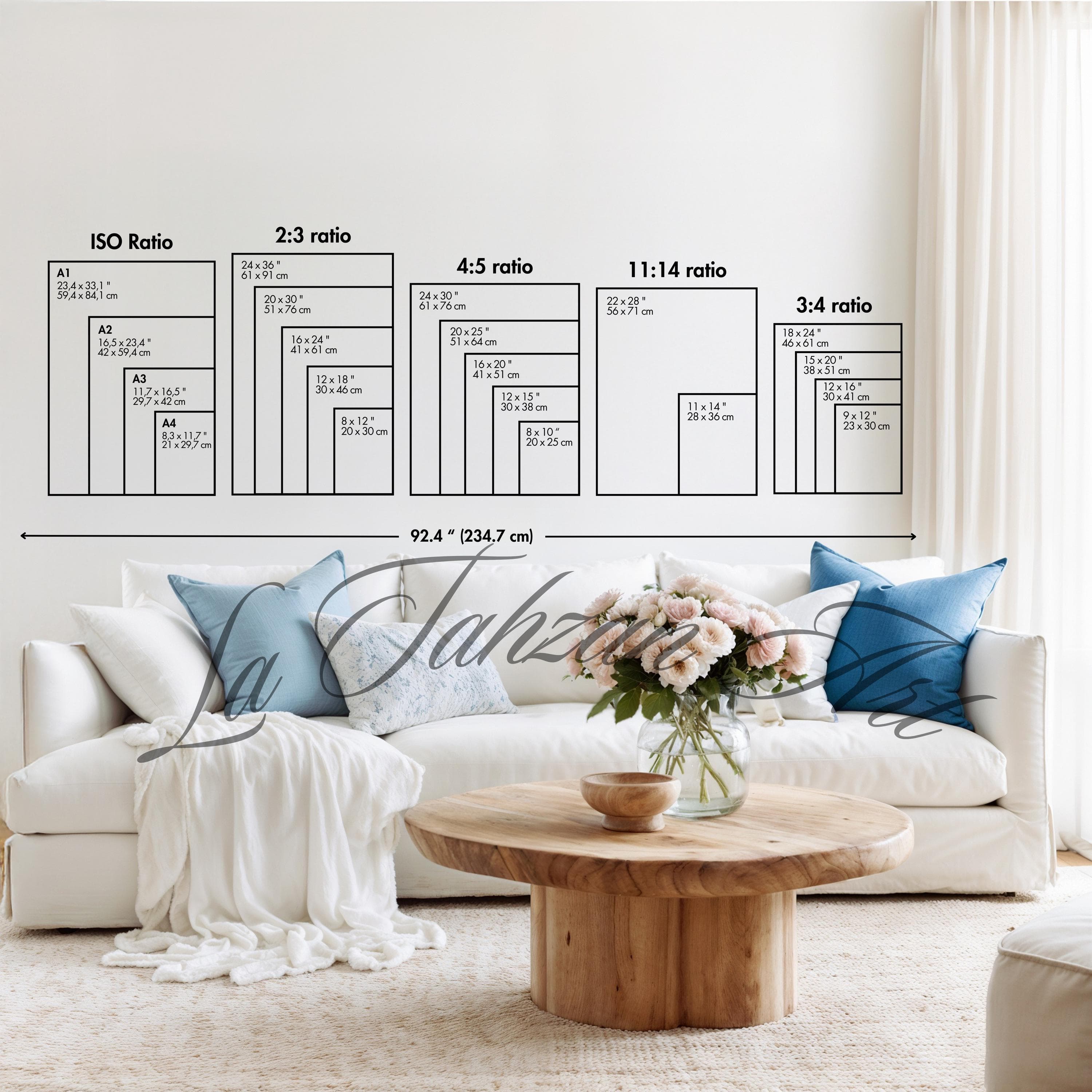 This purchase includes 5 high-resolution JPG files (300 DPI). This size guide shows the available print sizes and how they will look on your wall. You will have 20 sizes, and potentially more.