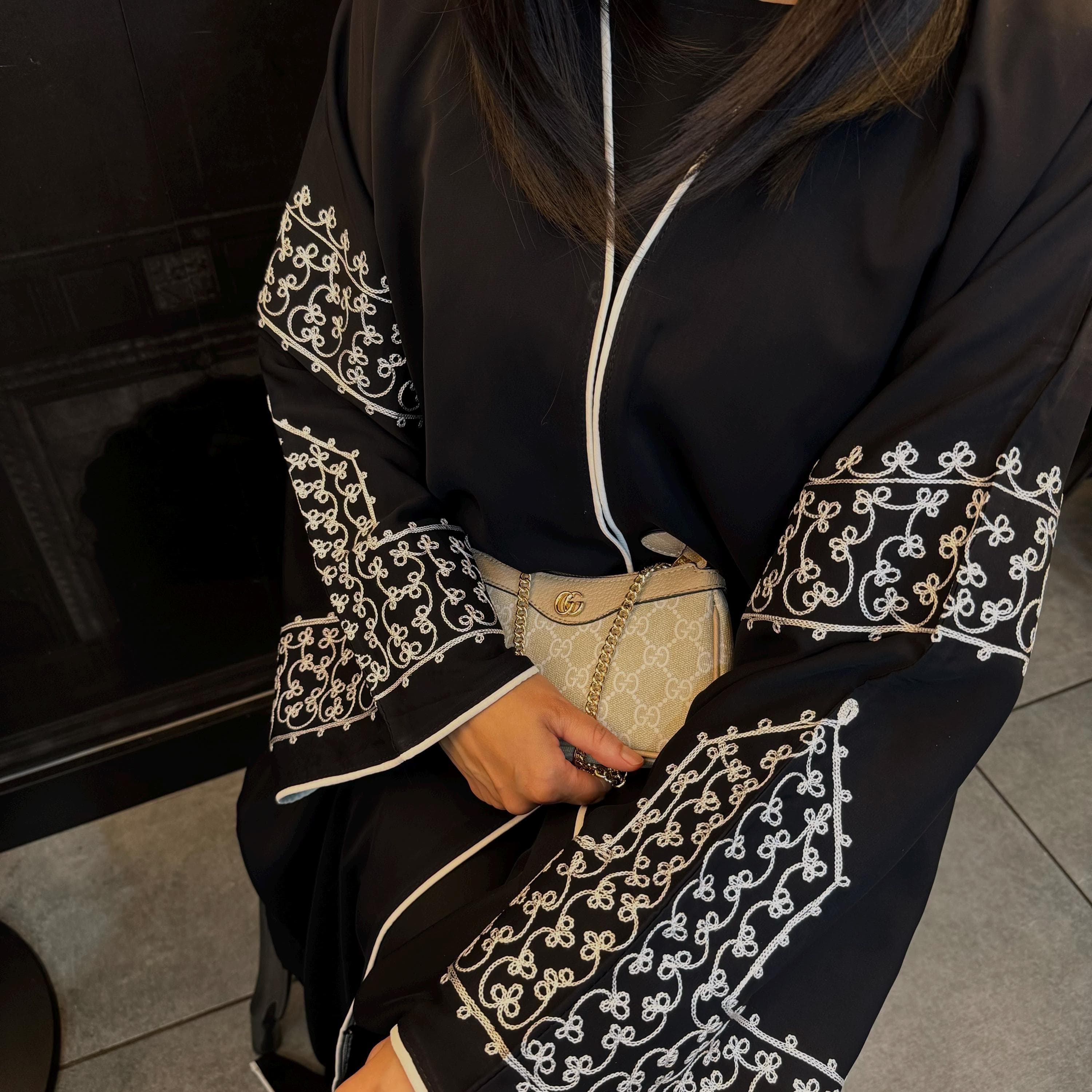 Embroidered Sleeves Black Abaya with Buttons and Hijab