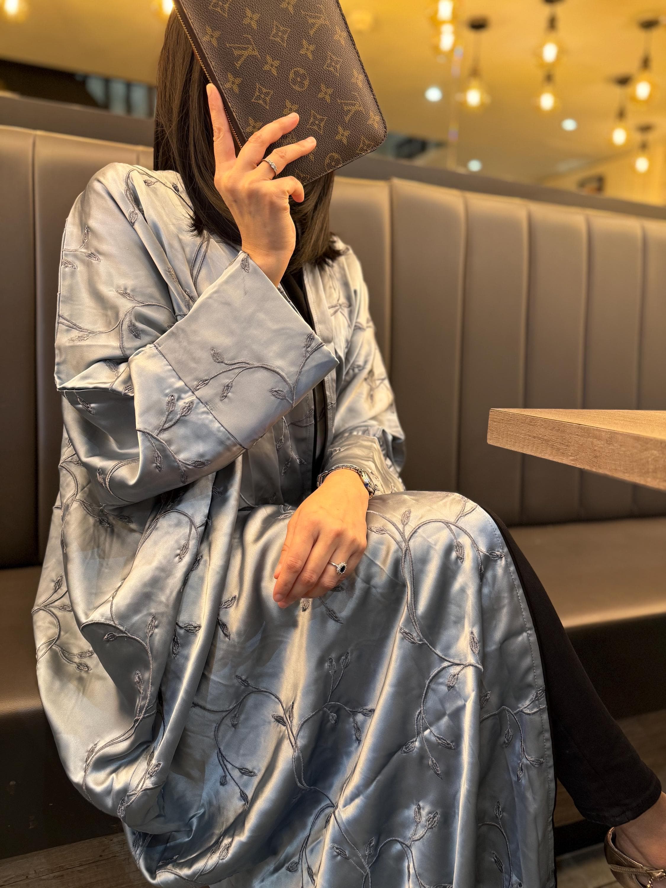 Luxury Satin Abaya Set: Embroidered Open Batwing Abaya, Inner Dress & Scarf