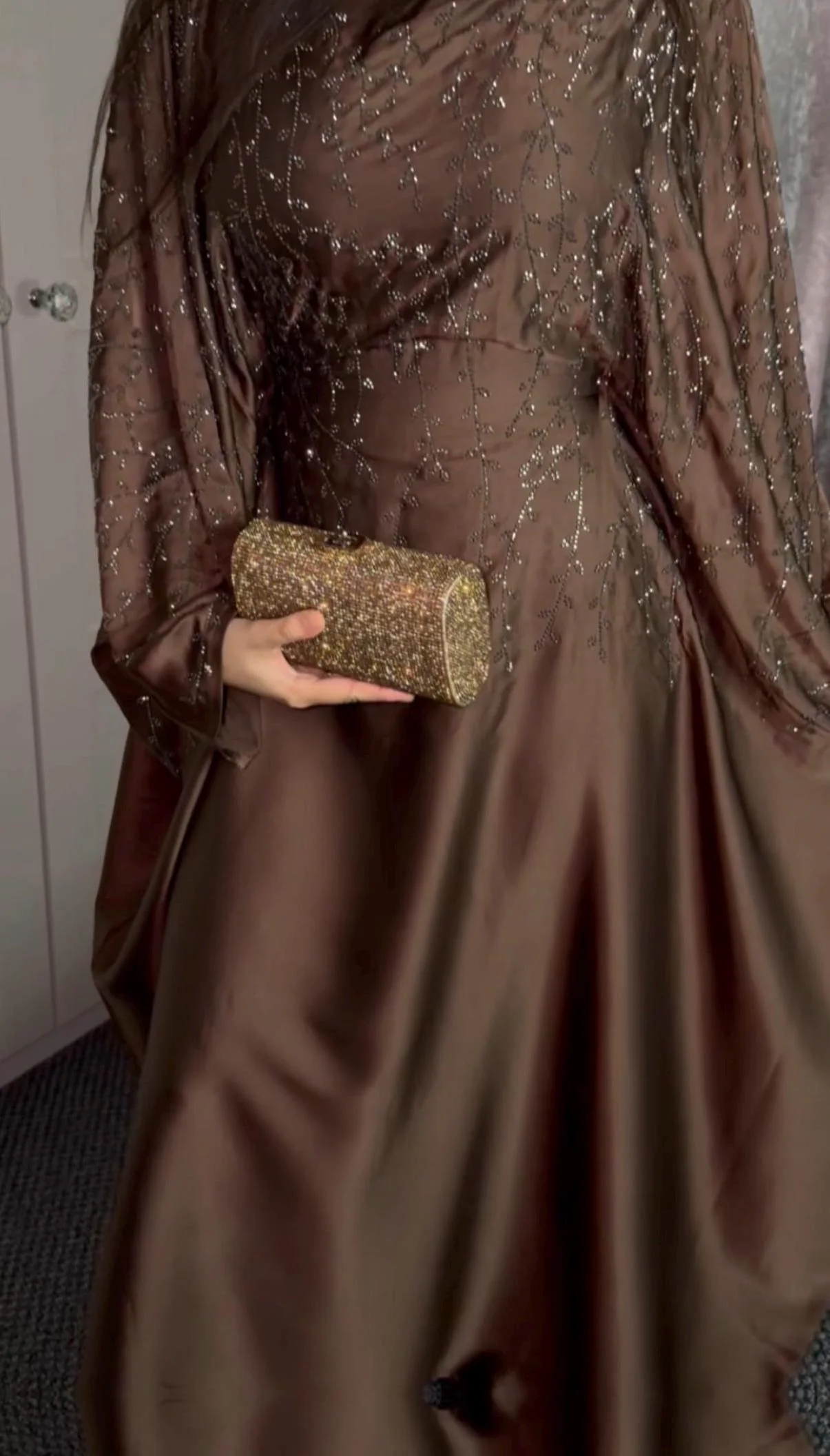 Elegant Embellished Satin Abaya: Islamic Evening Dress with Hijab
