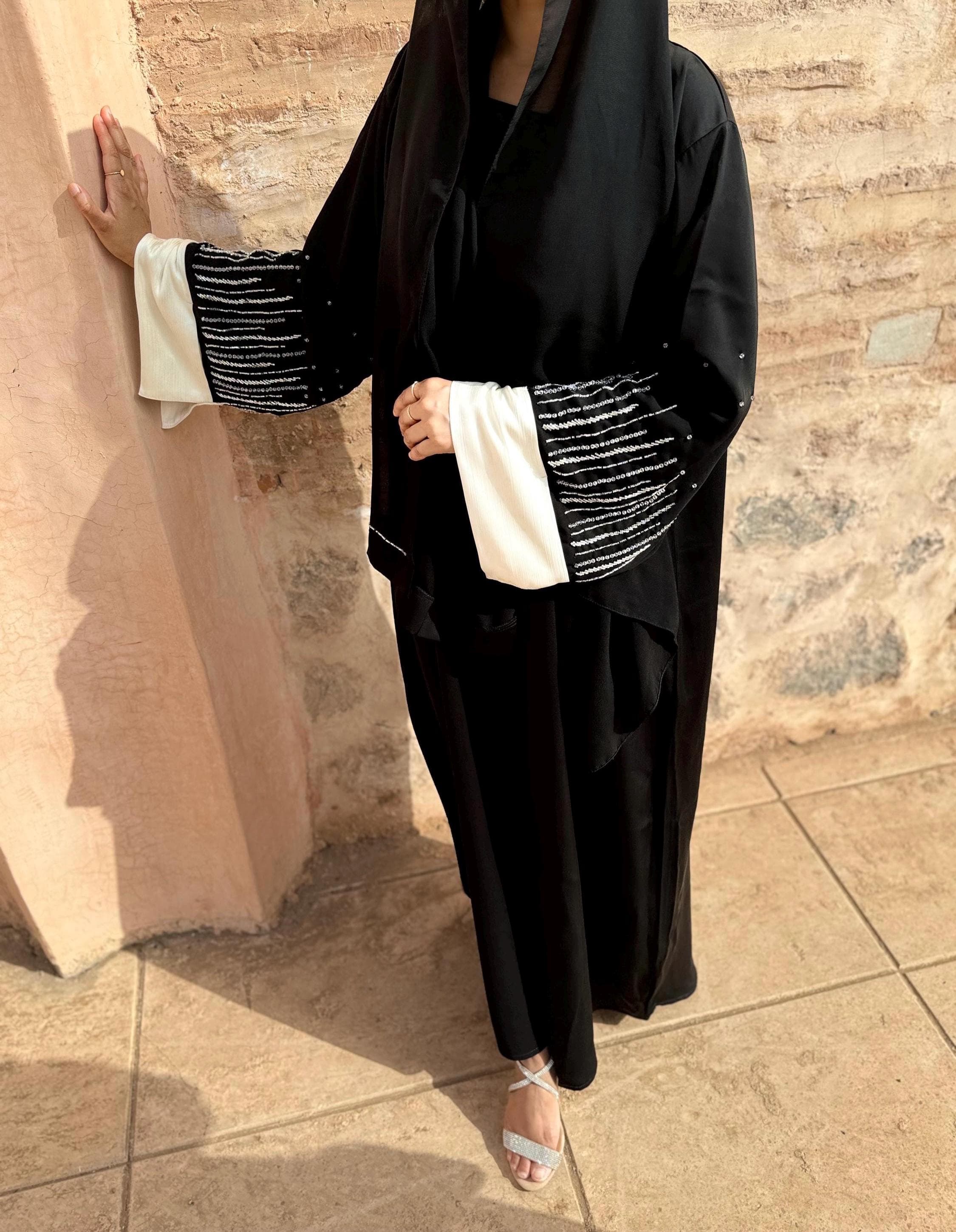 Handwork Embellished Black Nida Abaya, Khalijee Kaftan
