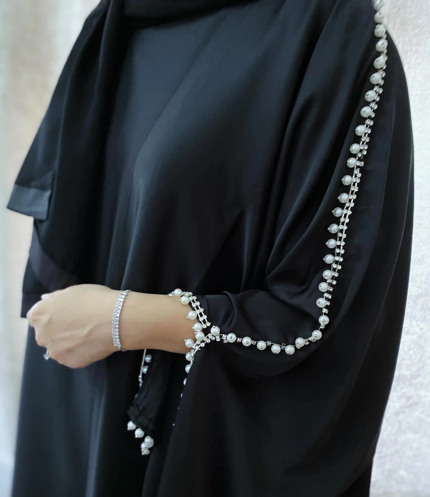 3 Piece Pearl Diamante Batwing Abaya: Silk Satin Islamic Dress