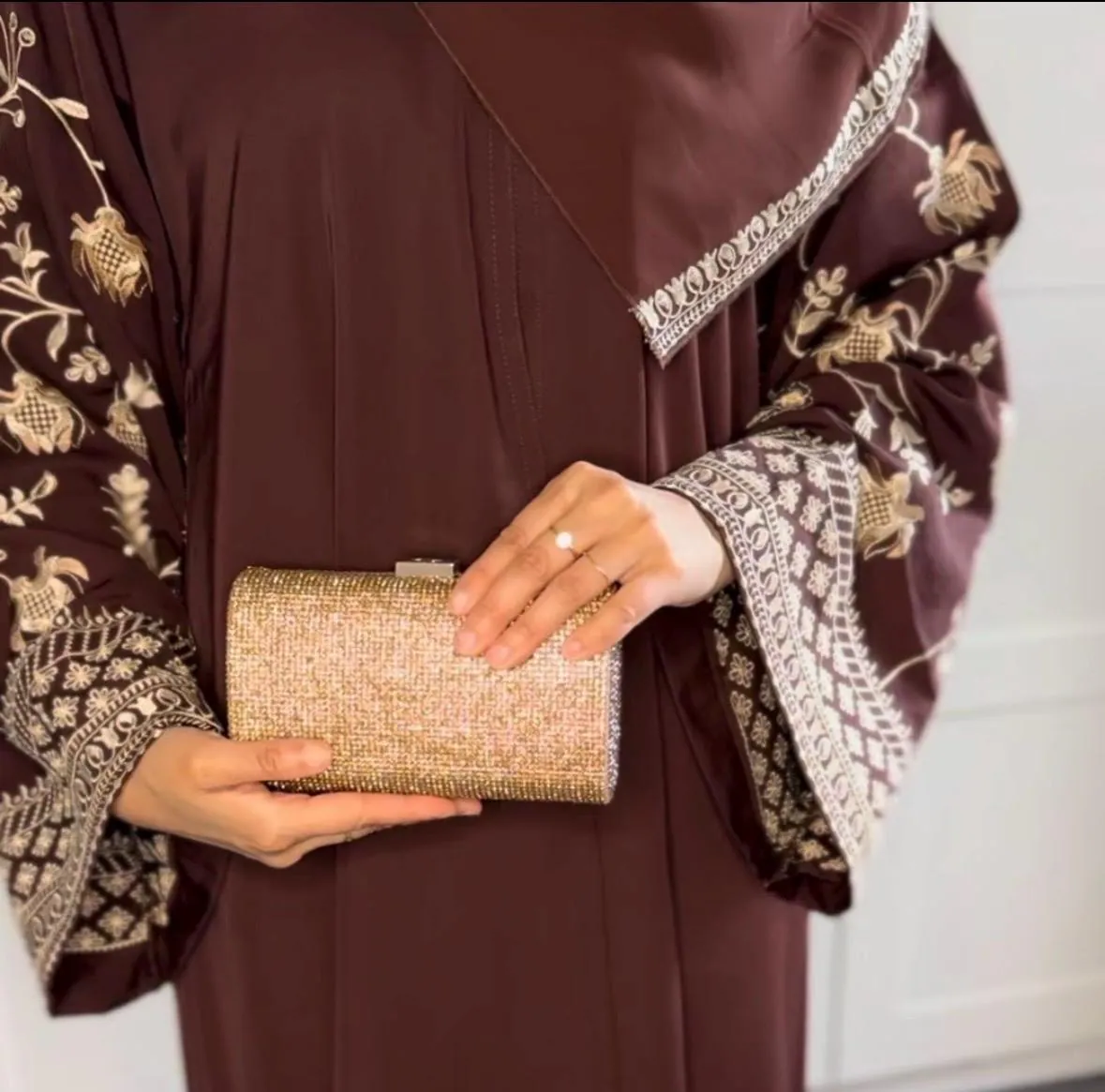 Embroidered Nidha Abaya: Brown Muslim Dress with Scarf