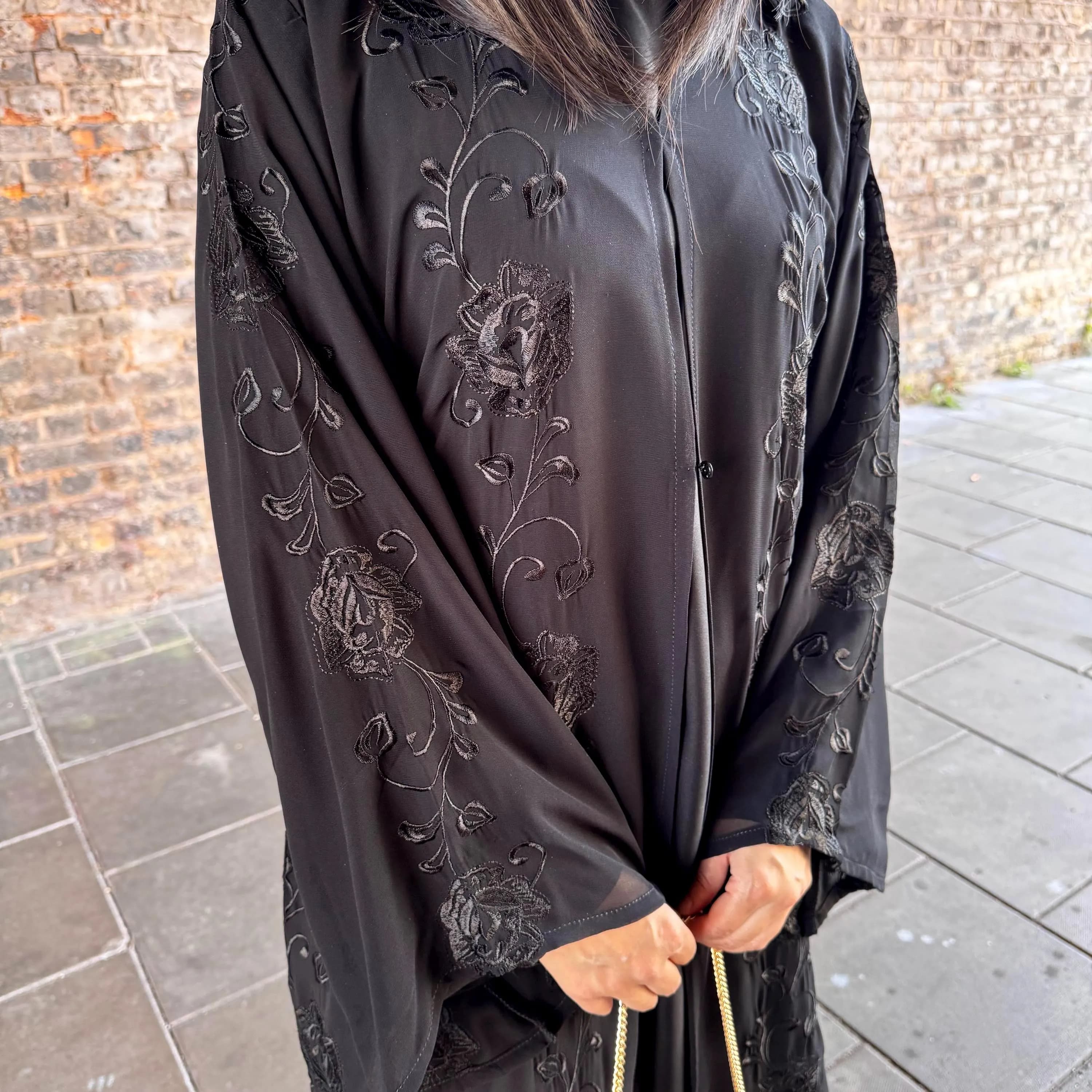 Black Embroidered Chiffon Abaya: 3-Piece Islamic Dress with Hijab