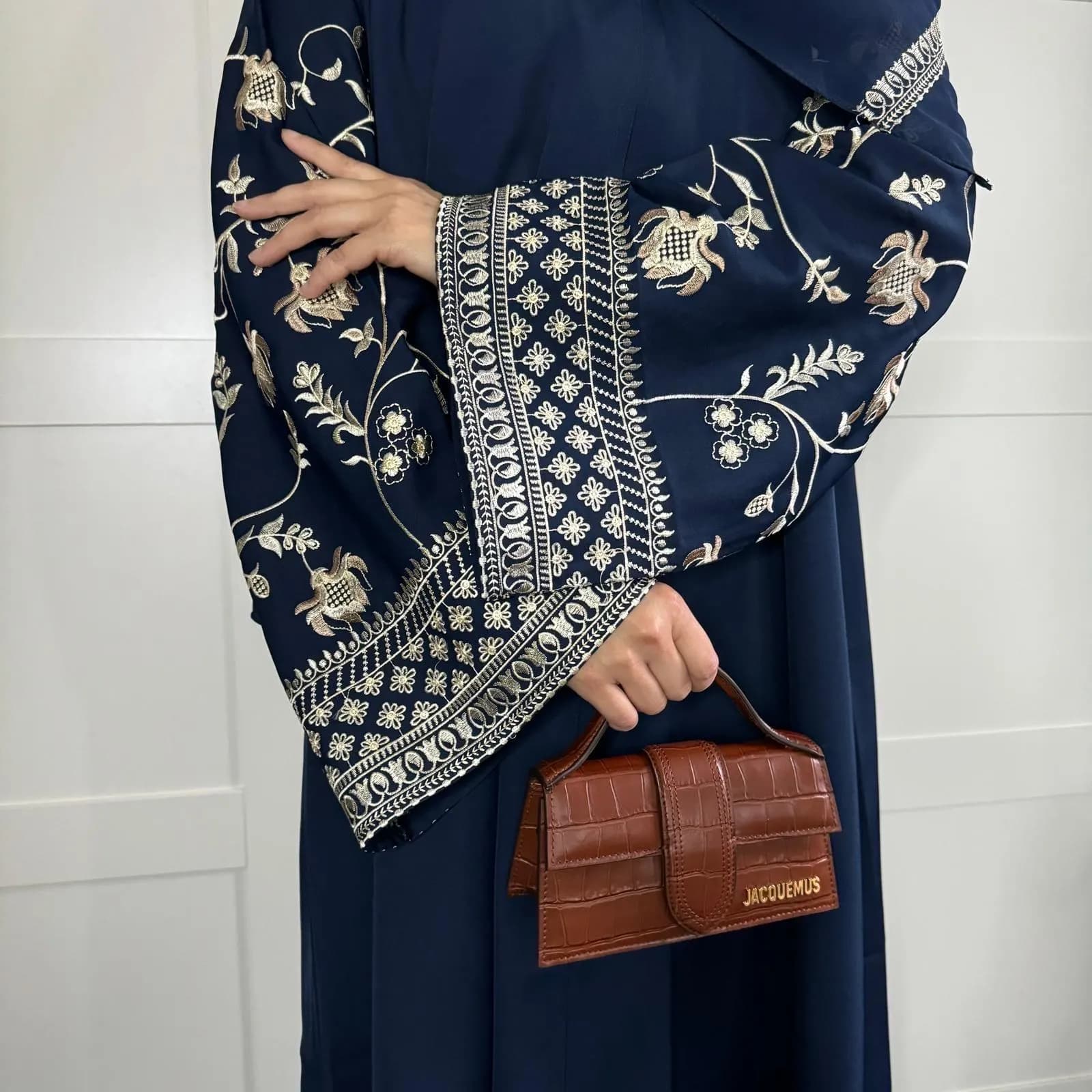 Embroidered Nidha Abaya: Brown Maxi Long Dress with Scarf