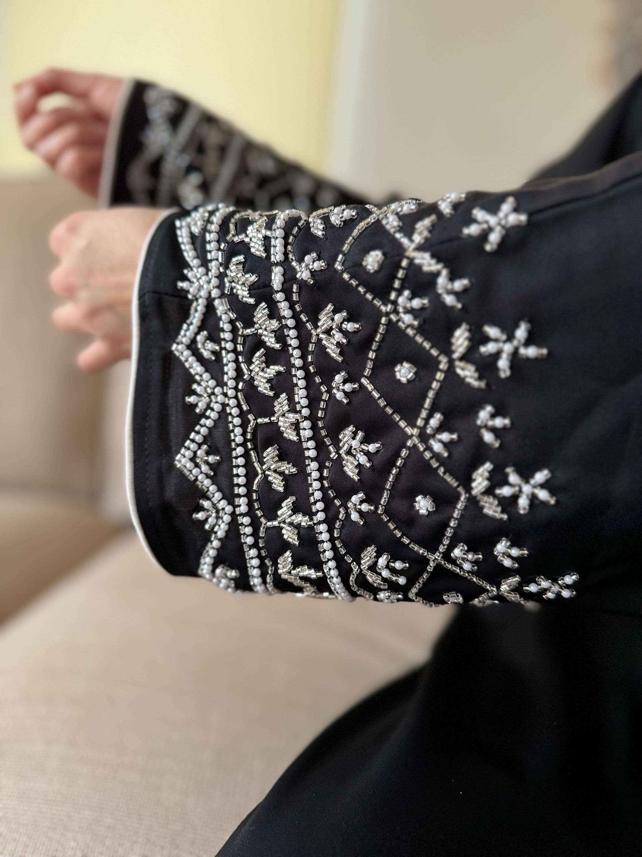 Luxury Black Nidha Abaya: Pearl Embellished Sleeves, Modest Muslim Dress, Evening Outfit - image 3