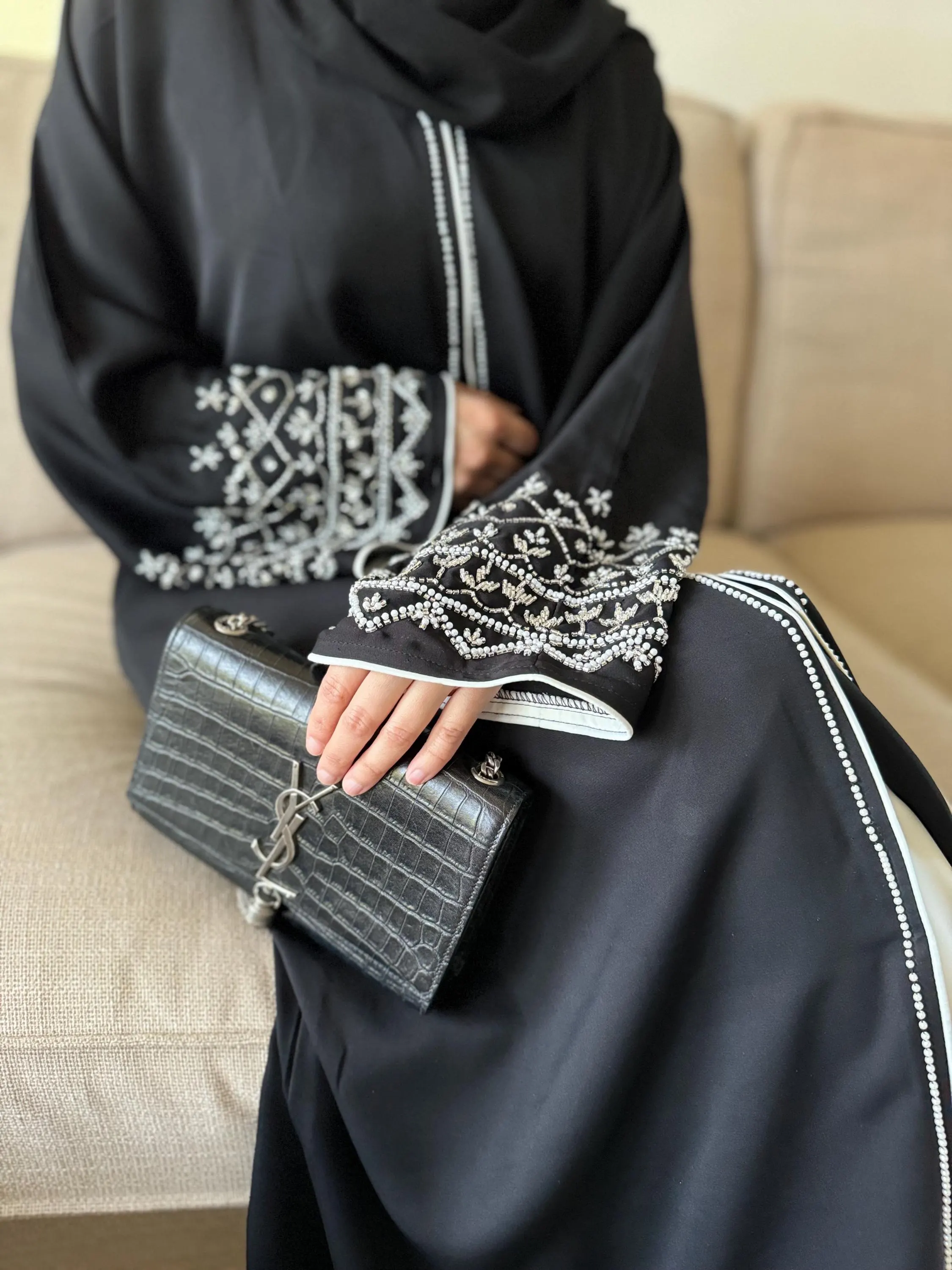 Luxury Black Nidha Abaya: Pearl Embellished Sleeves, Modest Muslim Dress, Evening Outfit