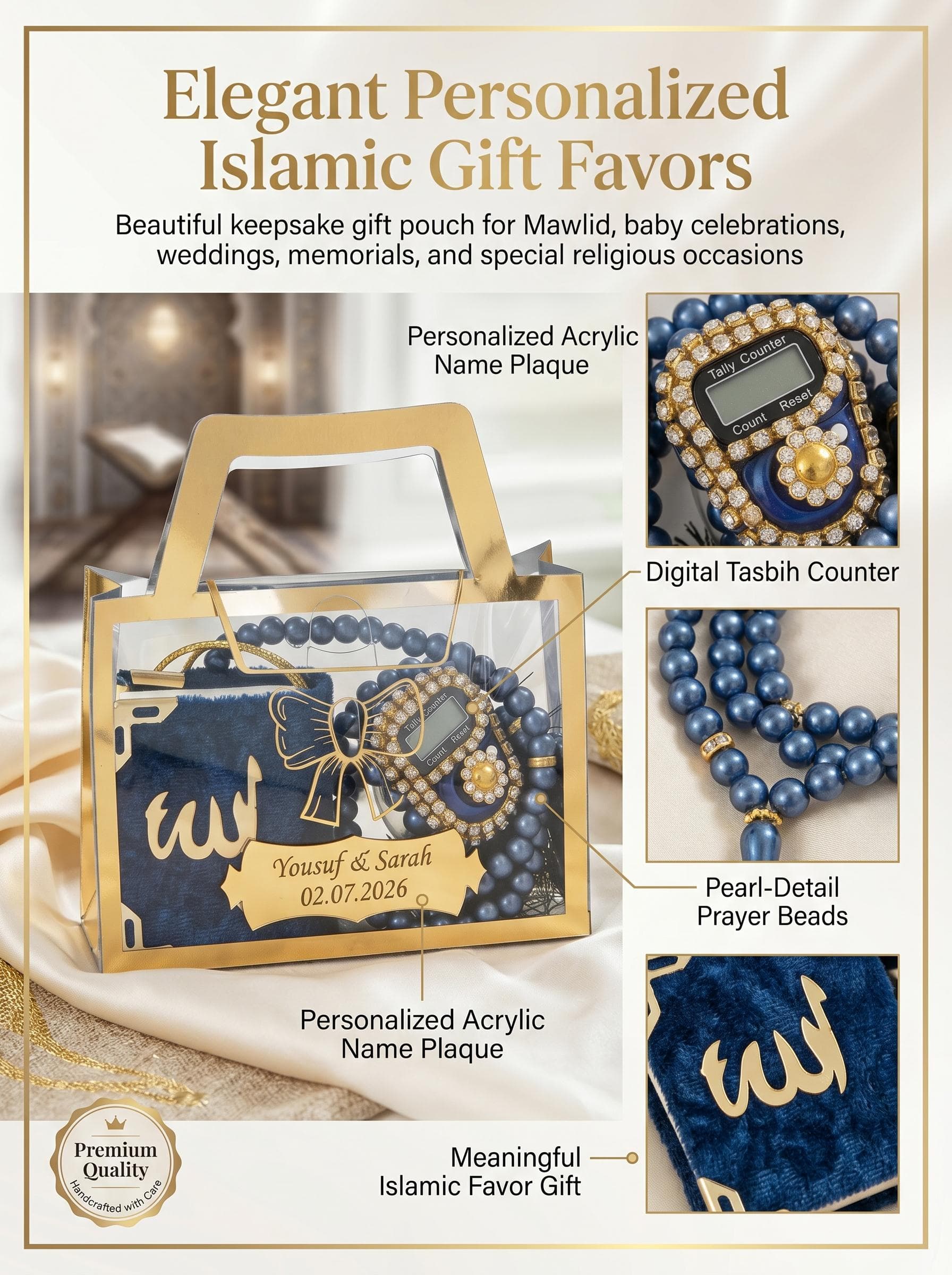 Personalized Velvet Mini Quran Gift Set with Decorative Elegant Box, Pearl Tasbeeh Counter, Eid Favor, Wedding Gift Different Colors - image 4