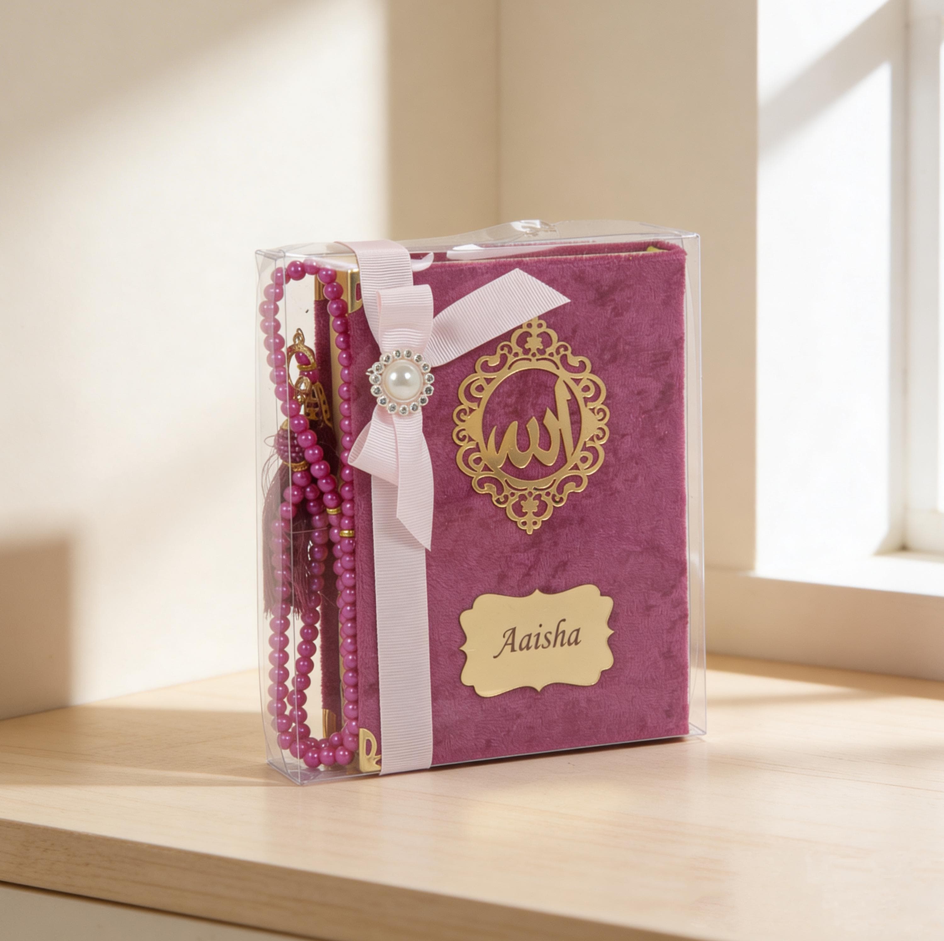 Personalized Velvet Quran Set with Madinah Script, Pocket Size Tasbeeh (12x17cm) Fuchsia