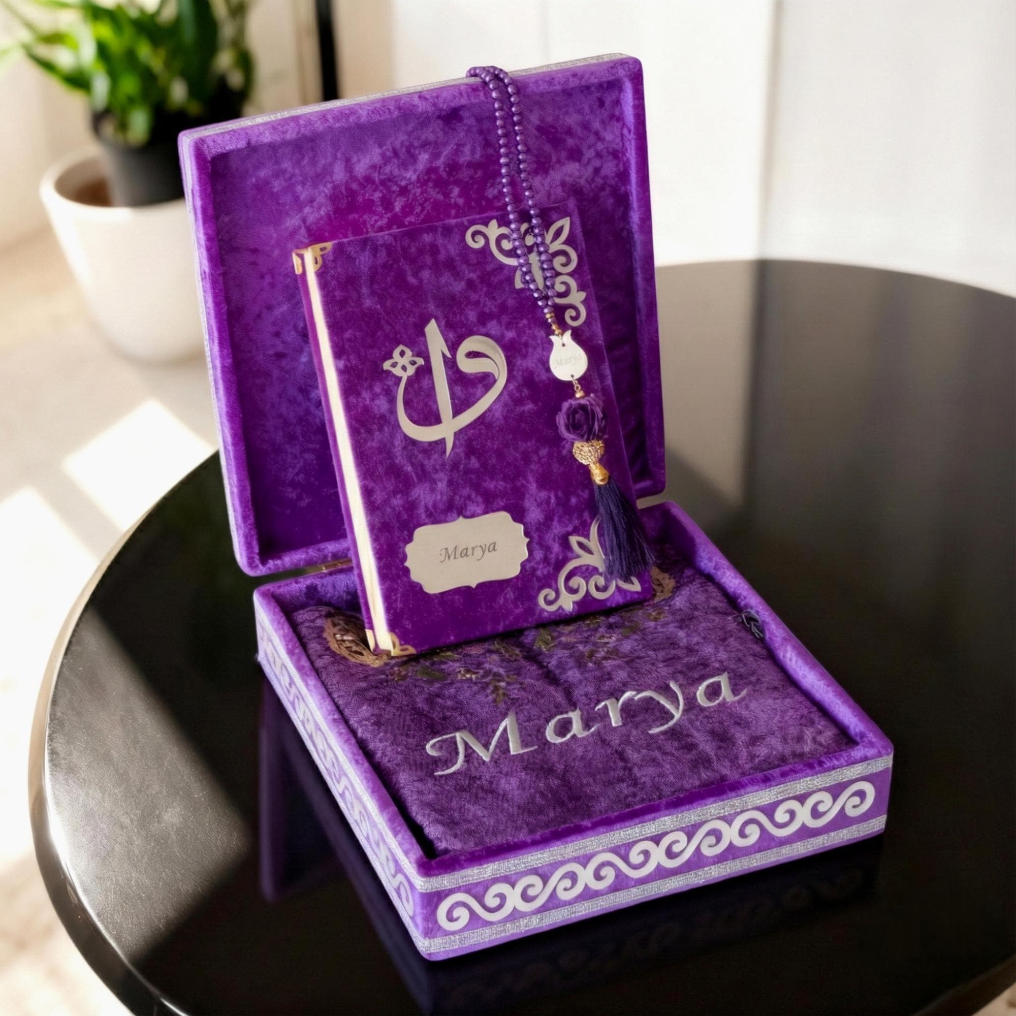Personalized Velvet Quran and Prayer Mat Set, Islamic Wedding Gift