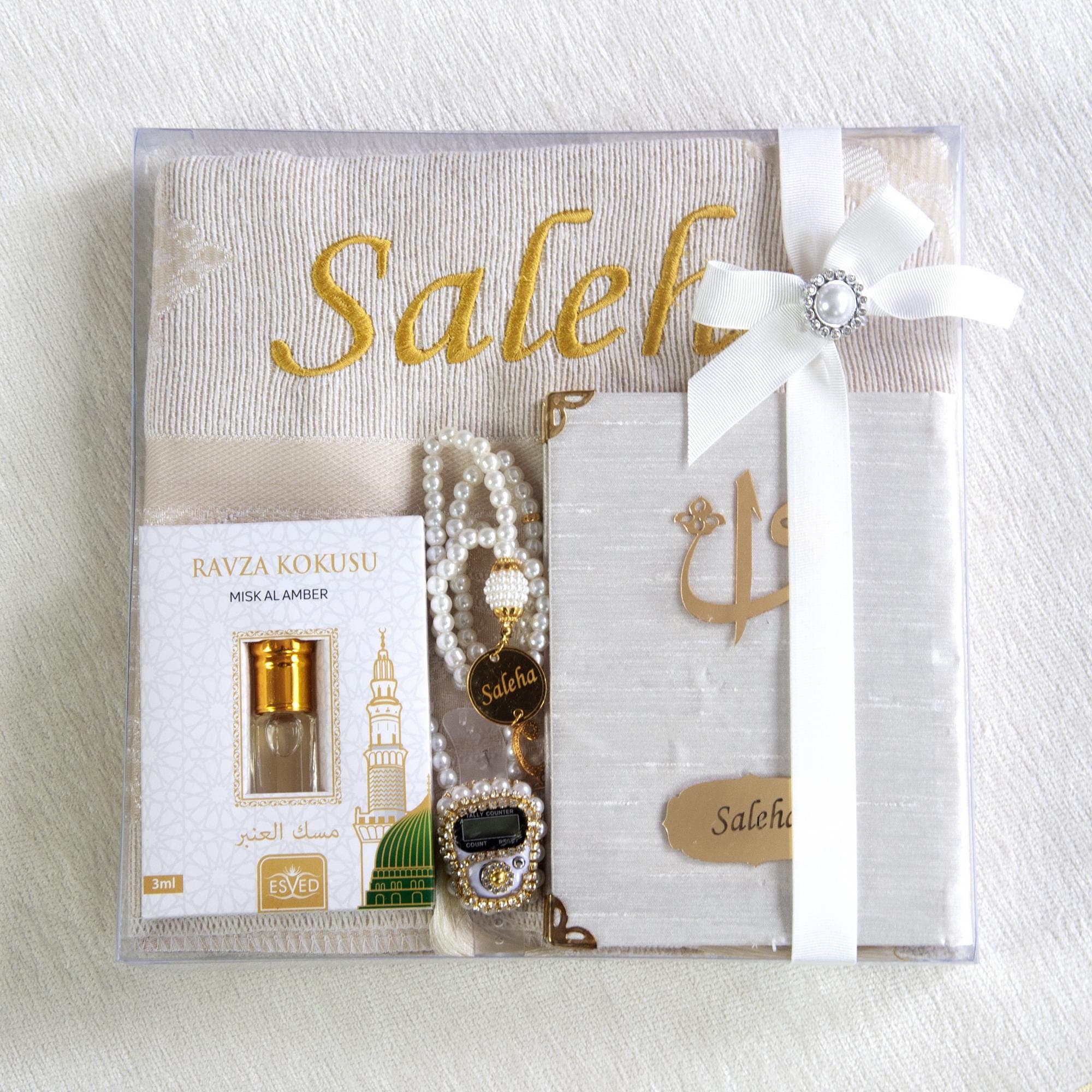 Personalized Prayer Mat, Islamic Gift Set, Yaseen Dua Book, Tasbih, Digital Counter & Perfume | Eid, Ramadan, Hajj, Umrah Gift White - image 3