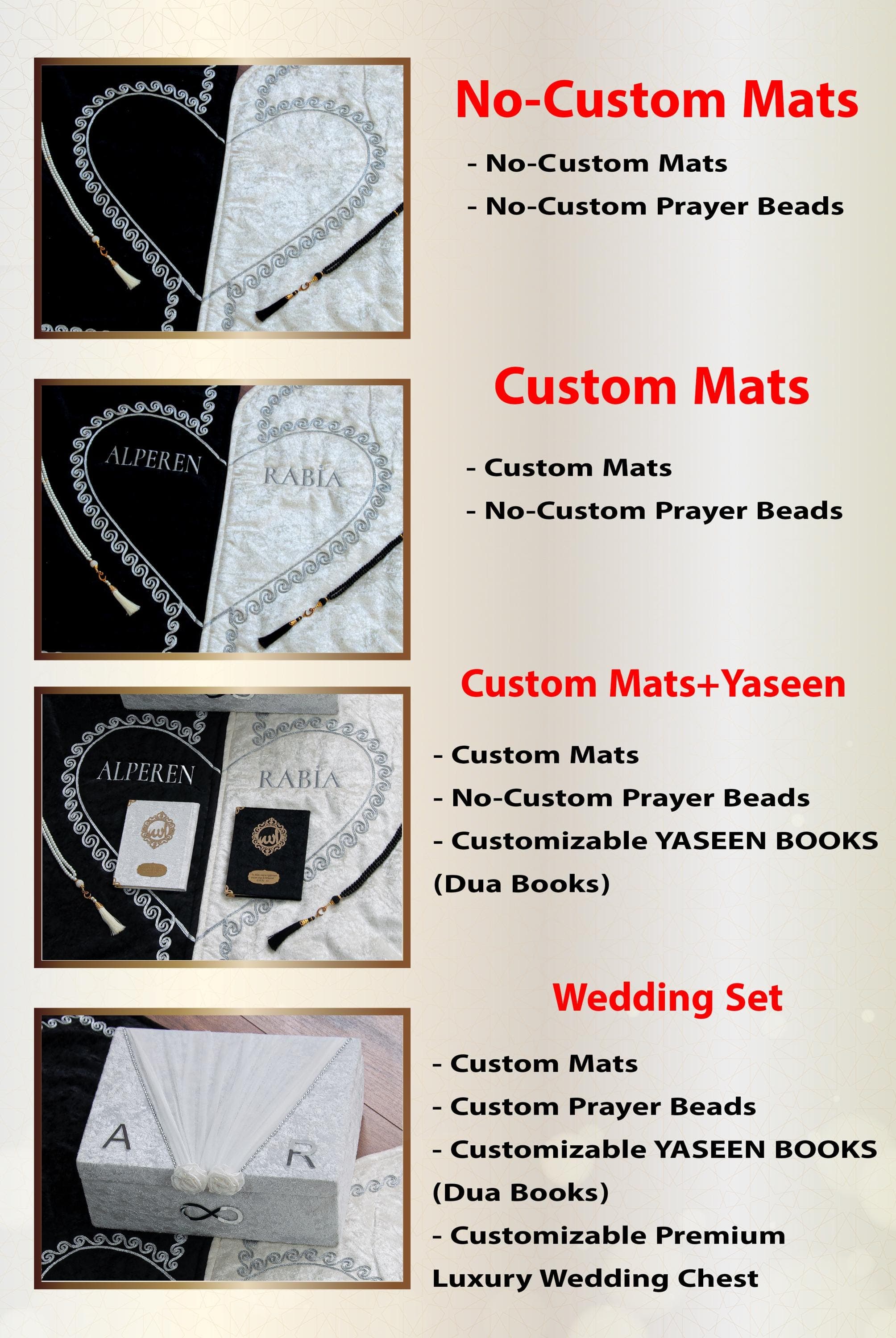 Personalized Couple Prayer Mat Set with Yaseen Books, Pearl Prayer Beads and Velvet Gift Chest | Eid Gift | Islamic Wedding Gift | Silver - image 3