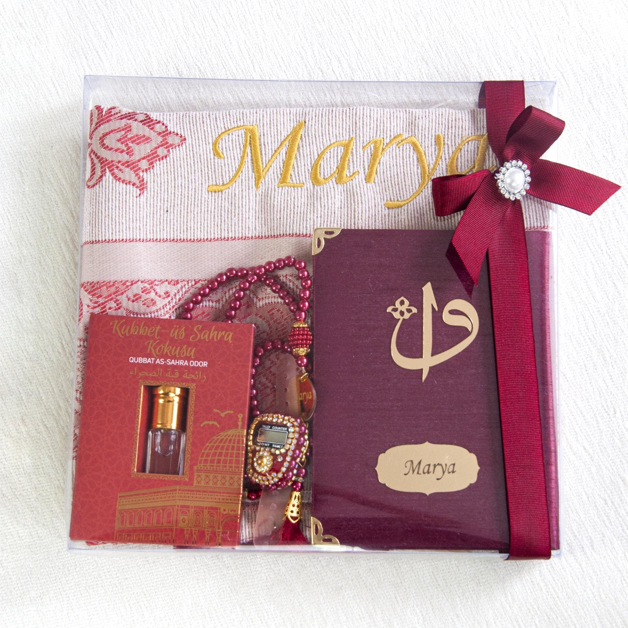 Personalized Prayer Mat, Islamic Gift Set, Yaseen Dua Book, Tasbih, Digital Counter & Perfume | Eid, Ramadan, Hajj, Umrah Gift Red