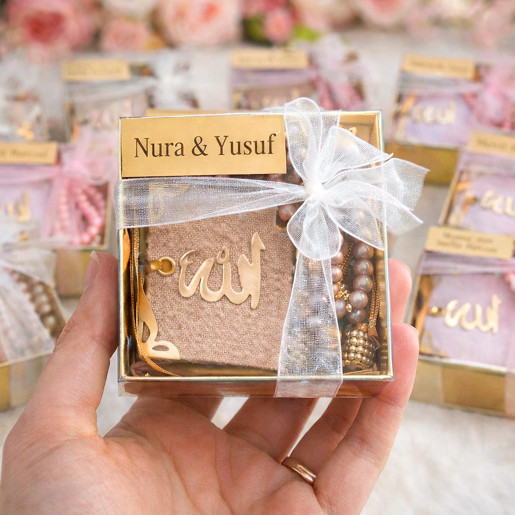 Personalized Mini Quran Gift Set: Velvet, Pearl Tasbeeh, Elegant Box