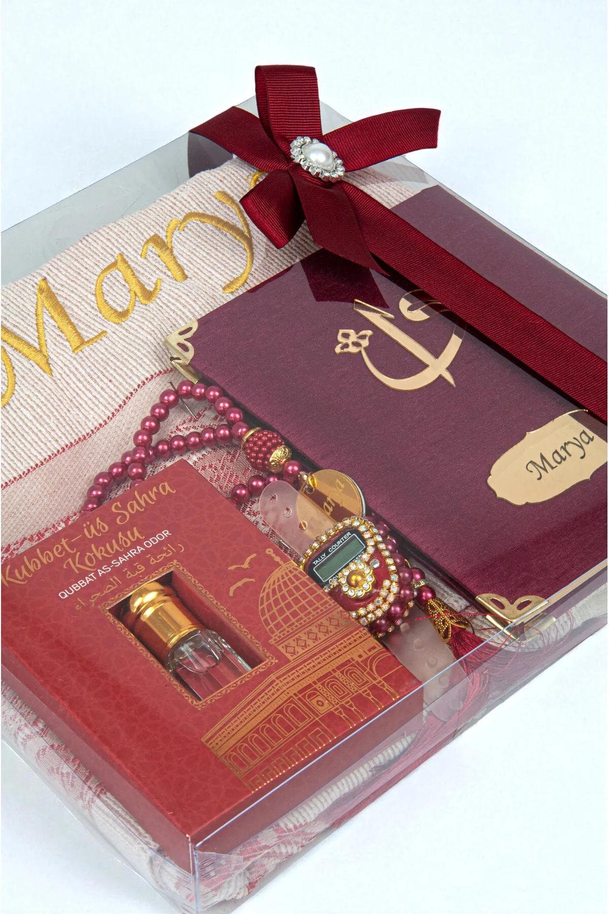Personalized Prayer Mat, Islamic Gift Set, Yaseen Dua Book, Tasbih, Digital Counter & Perfume | Eid, Ramadan, Hajj, Umrah Gift Red - image 4