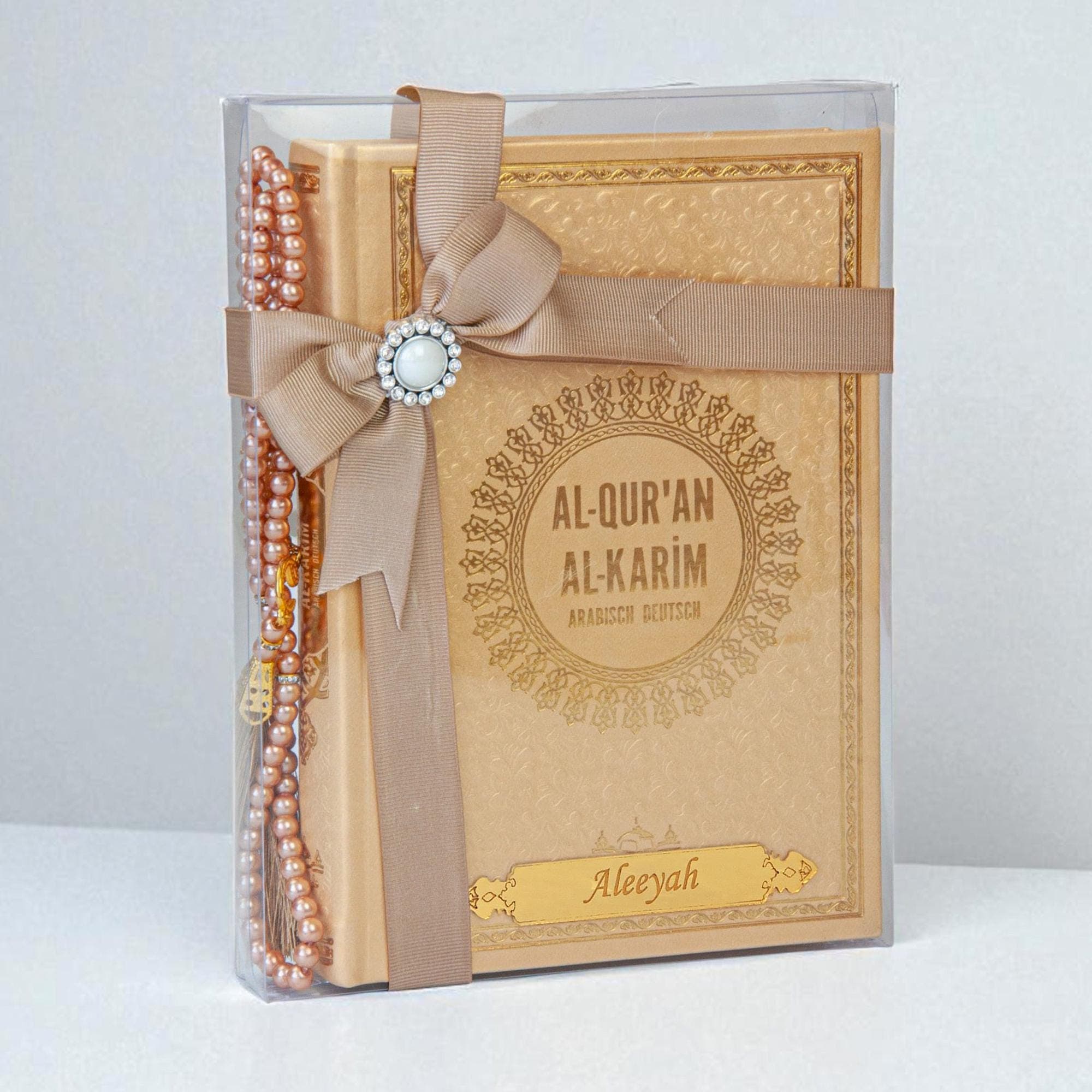 Personalized Pink Arabic German Quran Gift Set with Ribbon and Beads – 14x20cm Islamic Book Perfect for Eid, Wedding, Baby or Shahada - image 3