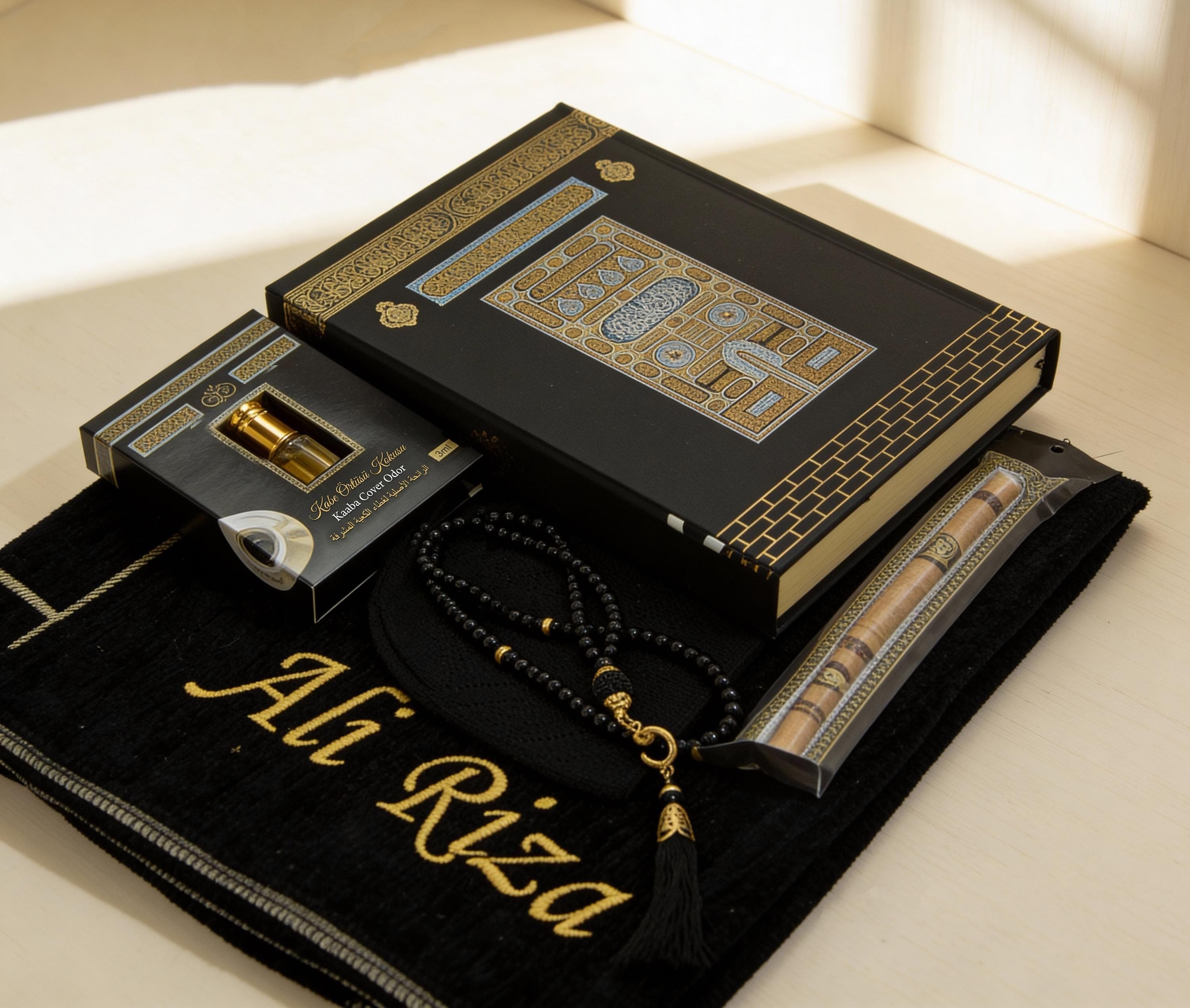 Personalized Islamic Prayer Gift Set: Kaaba Quran, Prayer Rug, Beads, Kufi Hat Black - image 5