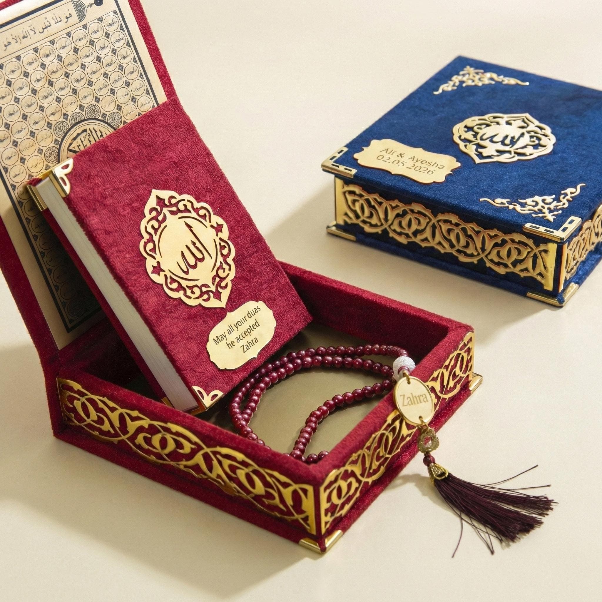 Personalized Quran Gift Set, Elegant Velvet Boxed Quran, Custom Name Arabic Quran, Prayer Beads, Islamic Wedding Gift, Nikkah & Eid Gift