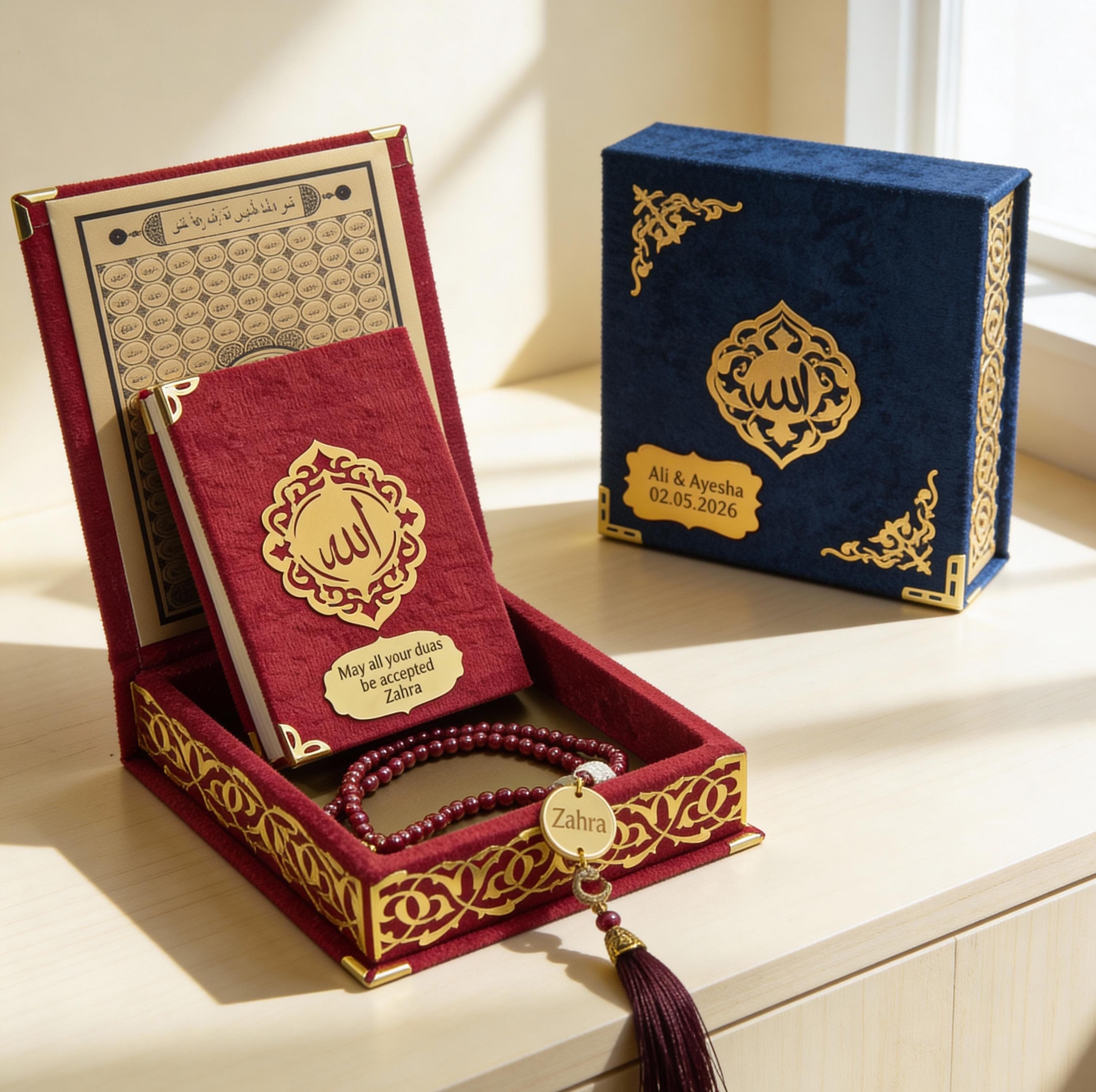 Personalized Quran Gift Set, Elegant Velvet Boxed Quran, Custom Name Arabic Quran, Prayer Beads, Islamic Wedding Gift, Nikkah & Eid Gift - image 5